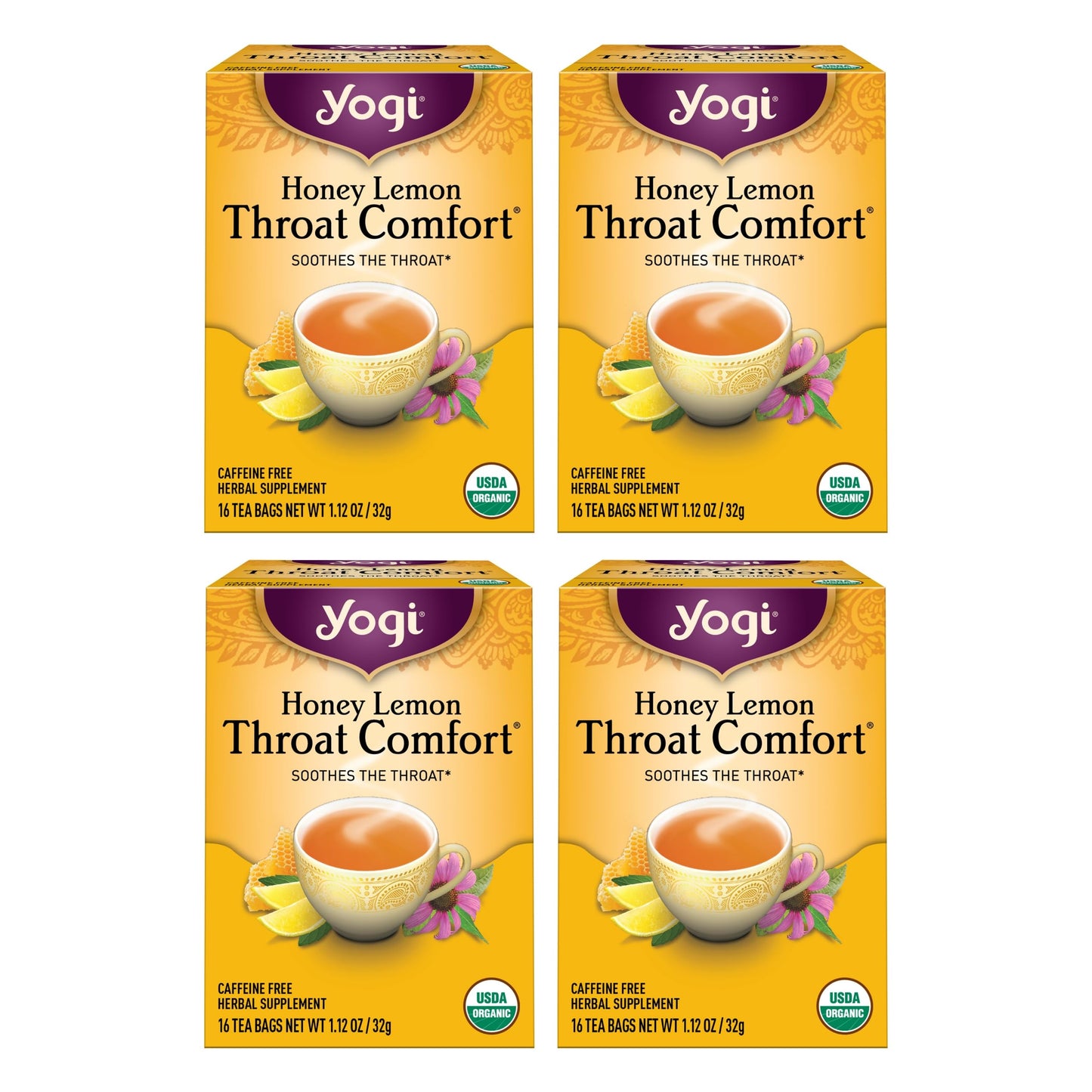 Yogi Tea Honey Lemon Throat Comfort, Caffeine Free, 64 Organic Herbal Tea Bags, 16 Count (Pack of 4)