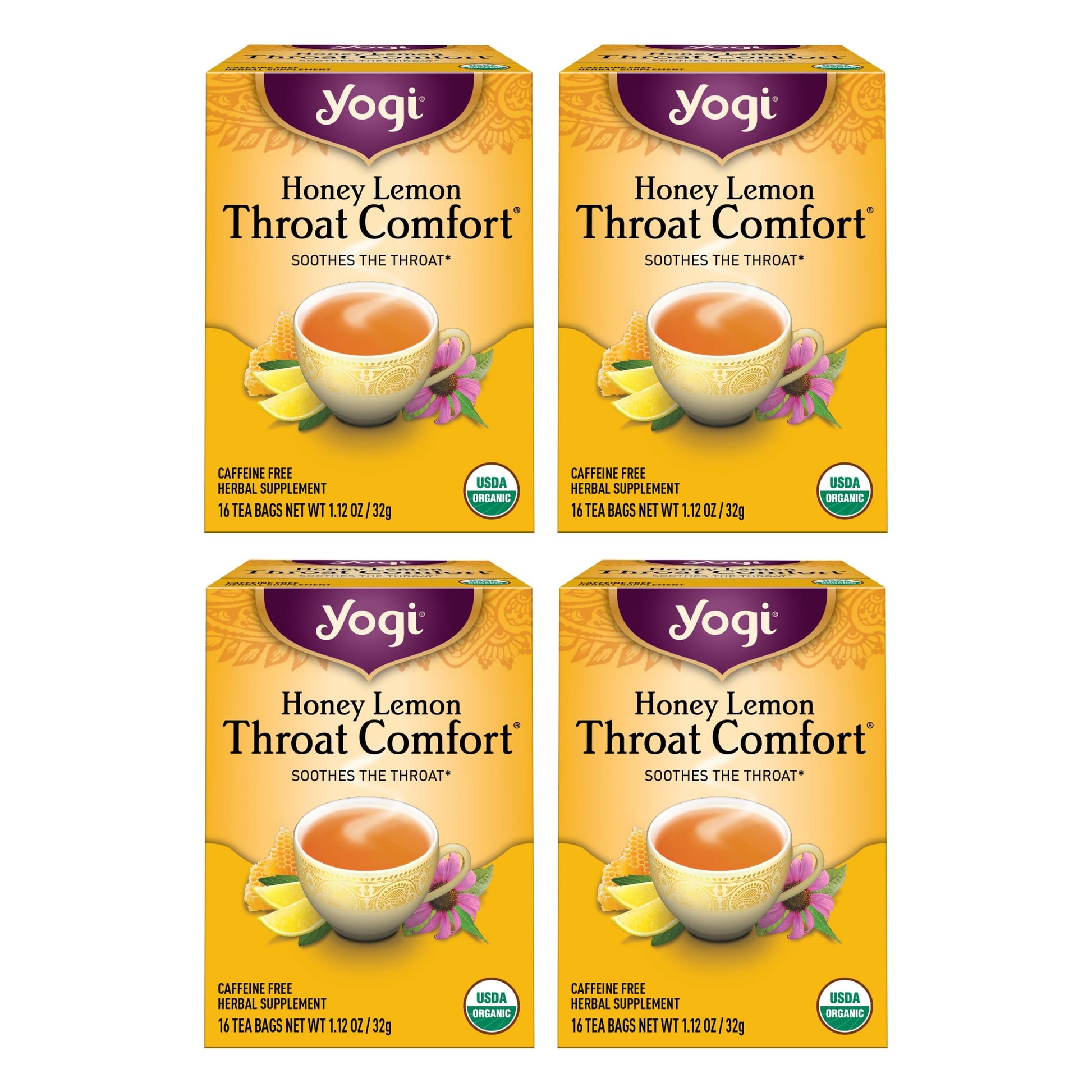 Yogi Tea Honey Lemon Throat Comfort, Caffeine Free, 64 Organic Herbal Tea Bags, 16 Count (Pack of 4)