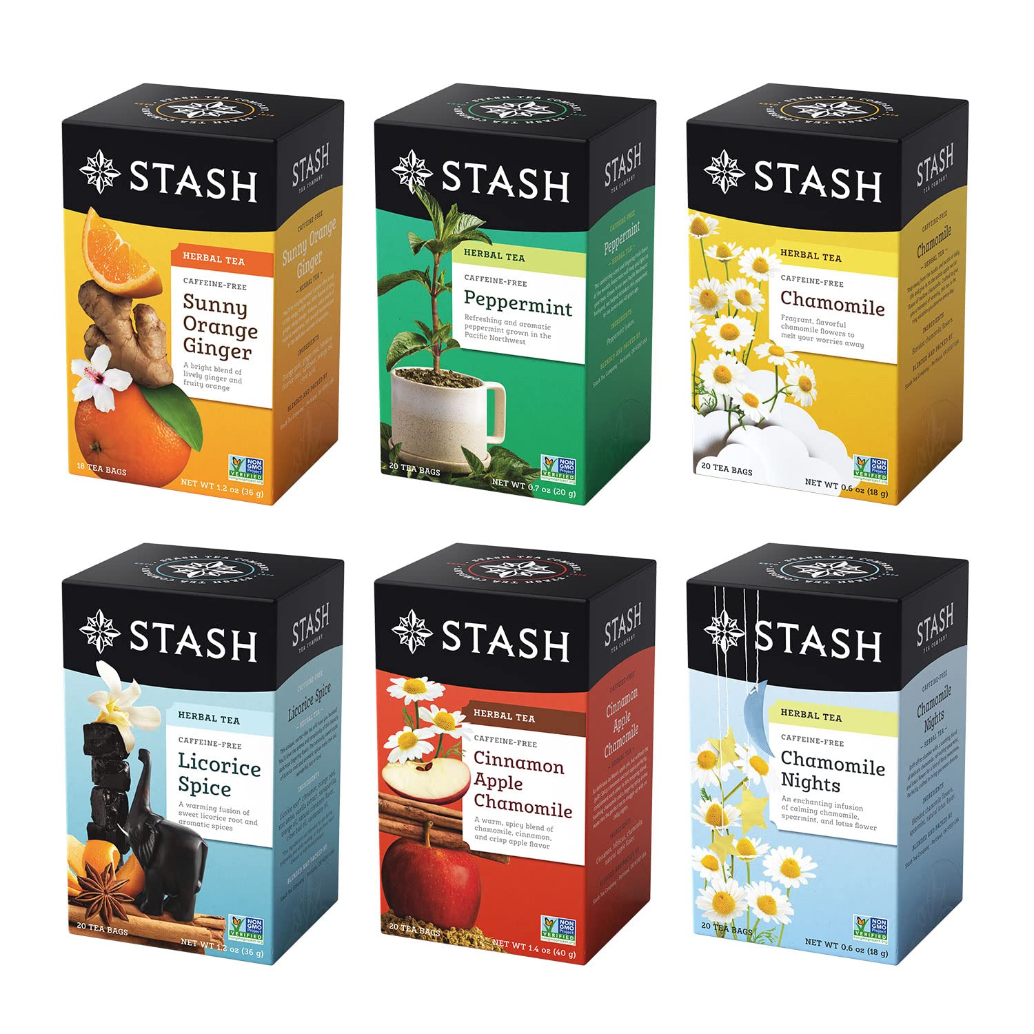 Stash Tea Soothing Herbal Tea Variety Pack, 6 Boxes, 18-20 Tea Bags Each, Soothing Herbal Sampler, Model 77719