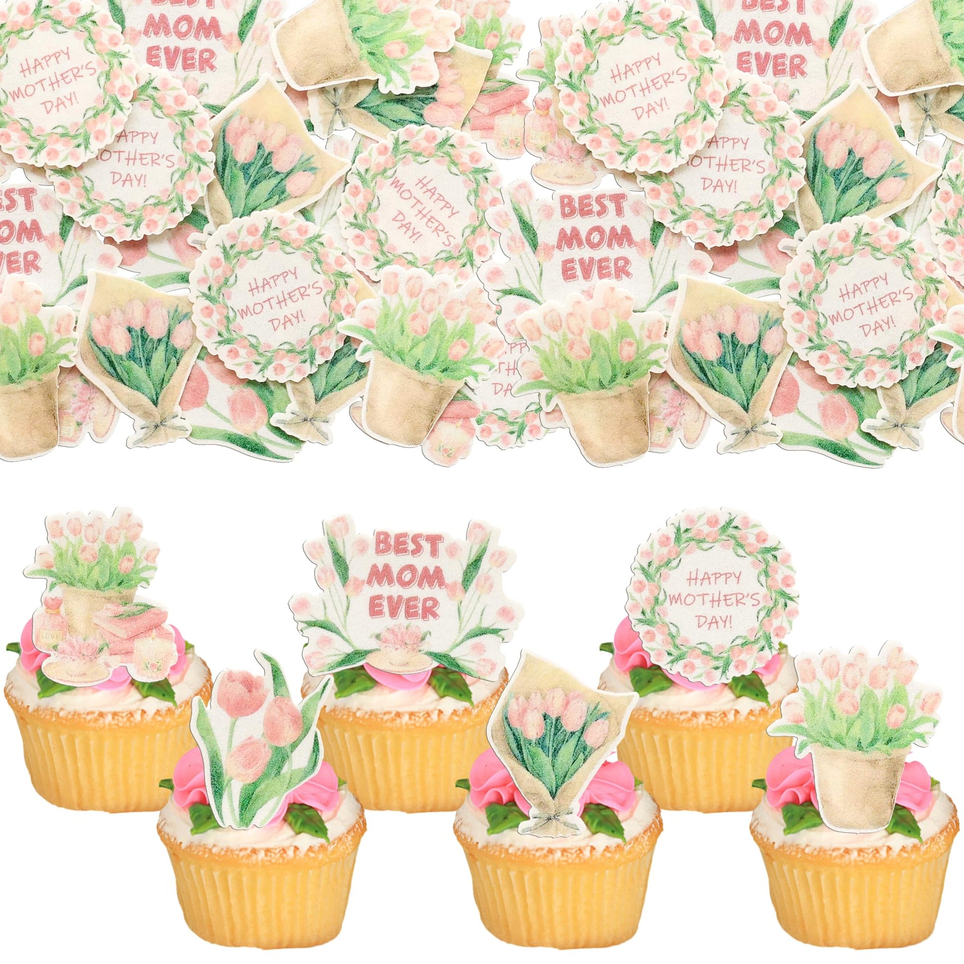 Ephlyn 54Pcs Edible Happy Mother's Day Cupcake Toppers Best Mom Ever Cake Drink Topper Picks Flowers Cake Decoration for Mom's B