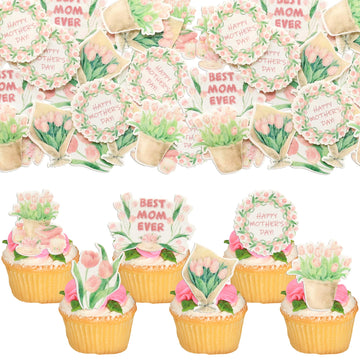 Ephlyn 54Pcs Edible Happy Mother's Day Cupcake Toppers Best Mom Ever Cake Drink Topper Picks Flowers Cake Decoration for Mom's B