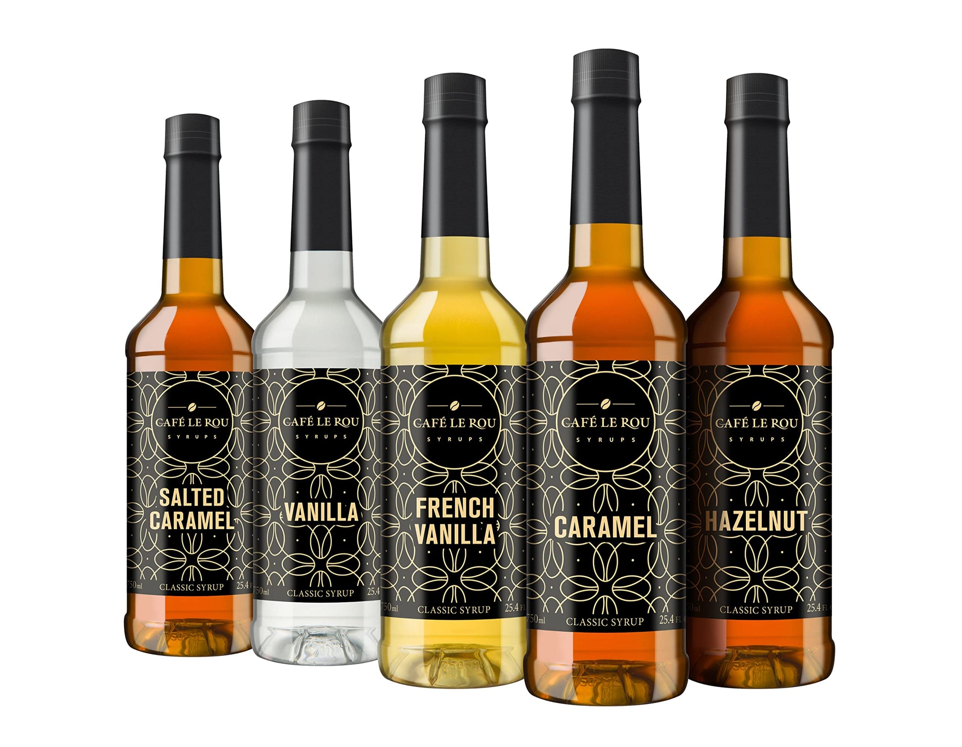 Caf? Le Rou Coffee Syrup Variety 5-Pack- 25.4 oz Vanilla  French Vanilla  Caramel  Salted Caramel  Hazelnut Coffee Flavoring Syrup for Coffee  Tea and Espresso