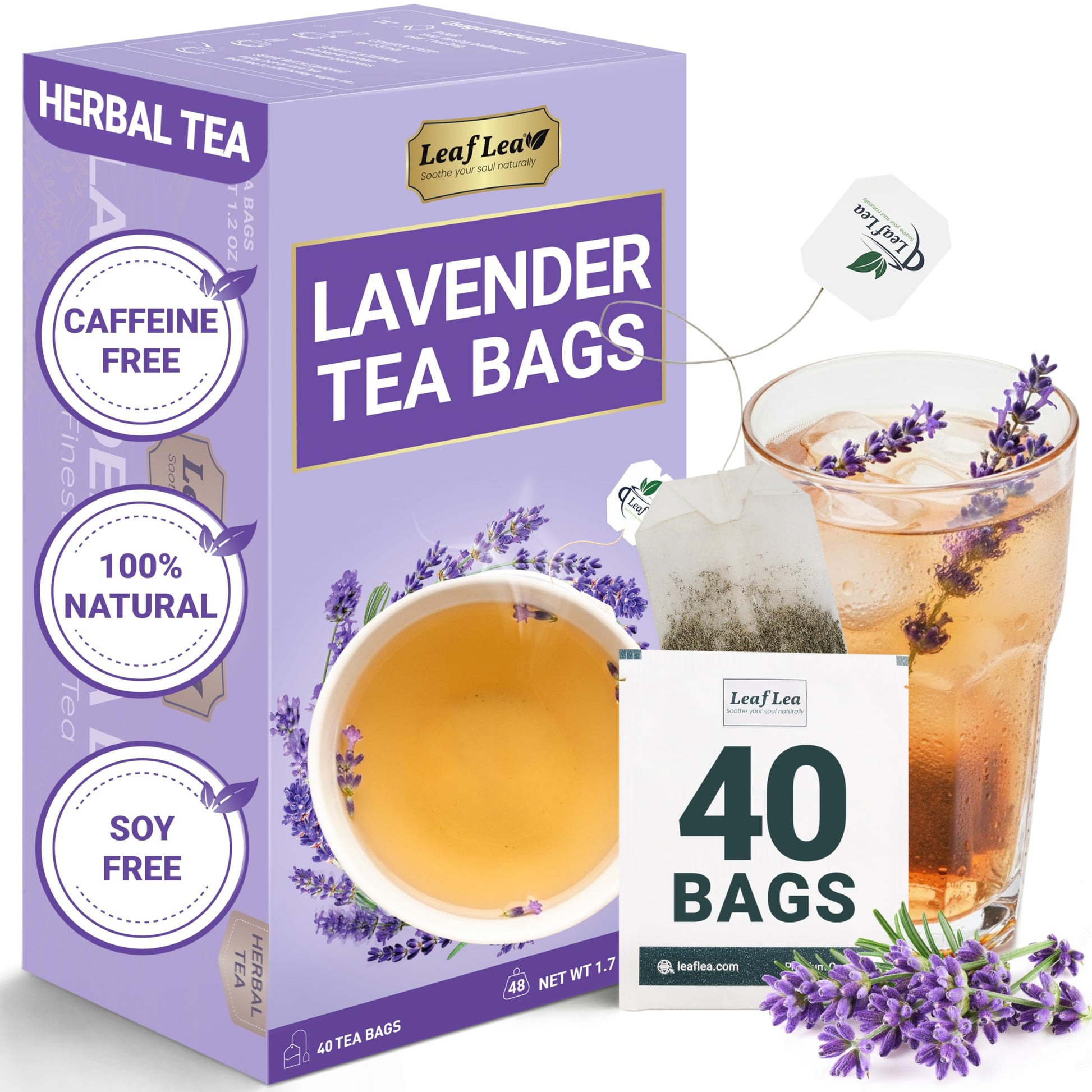 Leaflea 40 Top-Grade Lavender Tea Bags  Natural Lavender Flowers  Lavendar Herbal Tea With Delicate Floral Aroma & Smooth Flavor  Relaxing Evening Infusion  No Energy Blend  No Sugar  Individually Wrapped