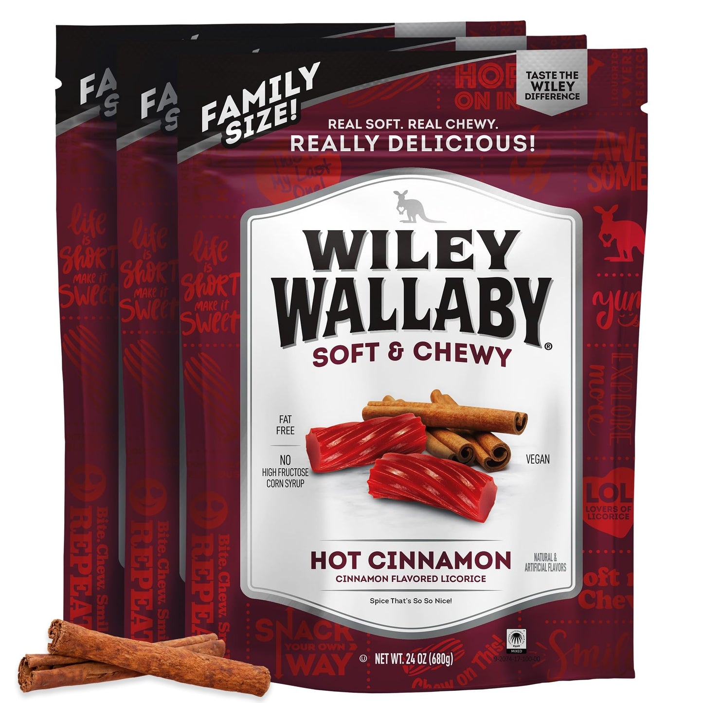 Wiley Wallaby Licorice 24 Ounce Classic Gourmet Soft & Chewy Australian Cinnamon Licorice Candy Twists, 3 Pack