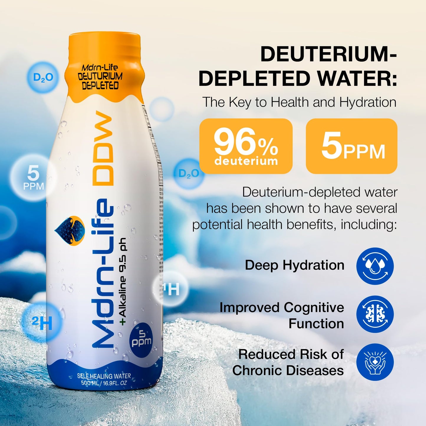 Mdrn-Life Deuterium Depleted Water, Alkaline 9.5 pH, Pack of 12 (500 ml each)