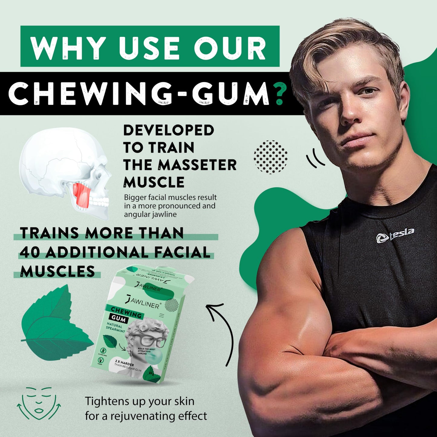 Jawliner Hard Jwaline Chewing Gum - Sugar Free Spearmint Tough Jaw Gum - Jaw Exerciser Strong Mewing Jawline Mistic Gum - 2x Har