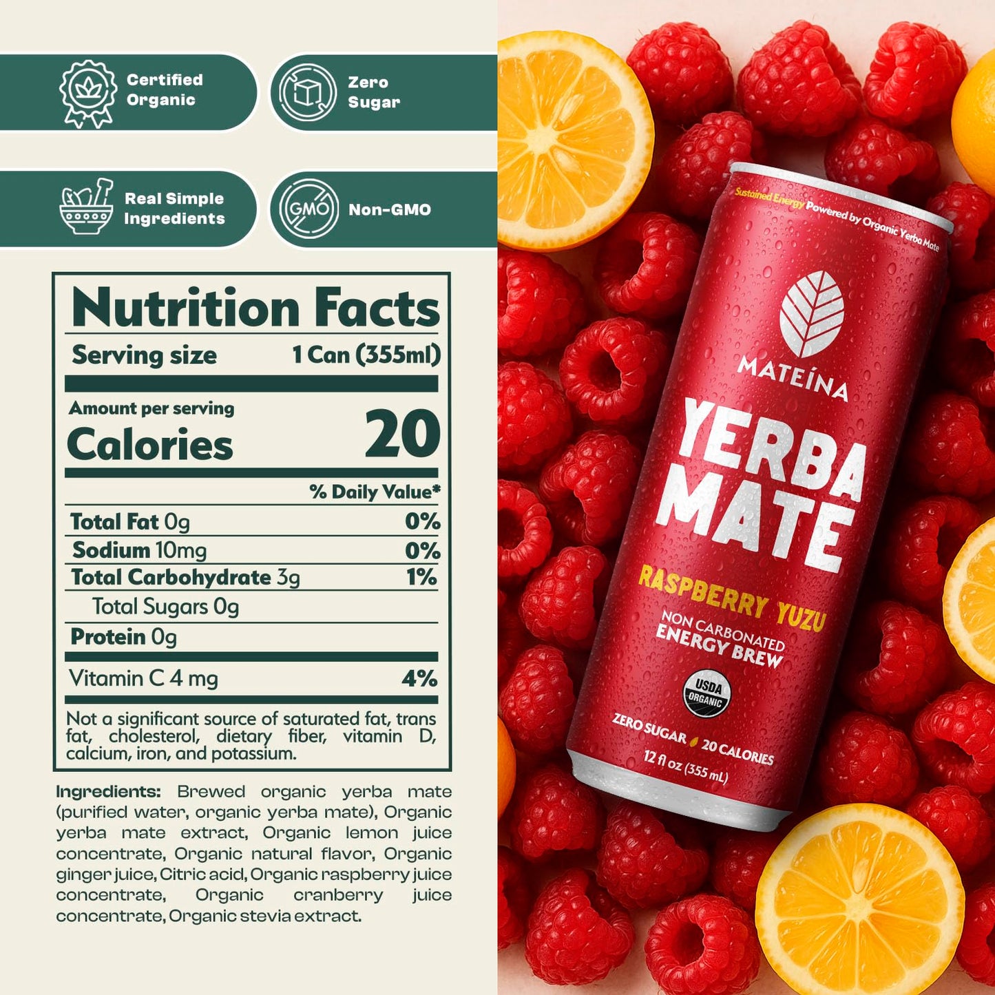 Mateina Yerba Mate Zero Sugar Energy Drink - 120mg Natural Caffeine - Organic  Non-GMO  Non-Carbonated - Dr. Andrew Huberman Recommended - 12 Pack (12oz Cans) (12 Pack  Raspberry Yuzu)