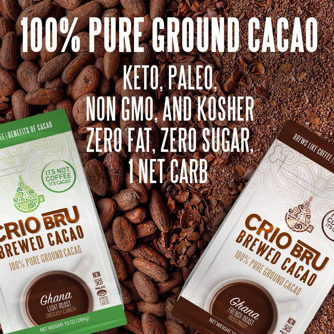 Crio Bru Brewed Cacao Double Chocolate Light Roast - Coffee Alternative Natural Healthy Drink | 100% Pure Ground Cacao Beans | 99.99% Caffeine Free, Keto, Low Carb, Paleo, Brew And Enjoy Hot Or Iced (24Oz)