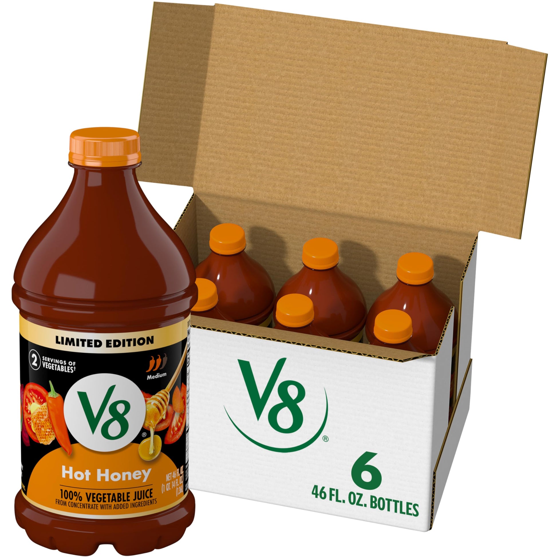 V8 Hot Honey 100% Vegetable Juice, 46 fl oz Bottle (6 Pack)