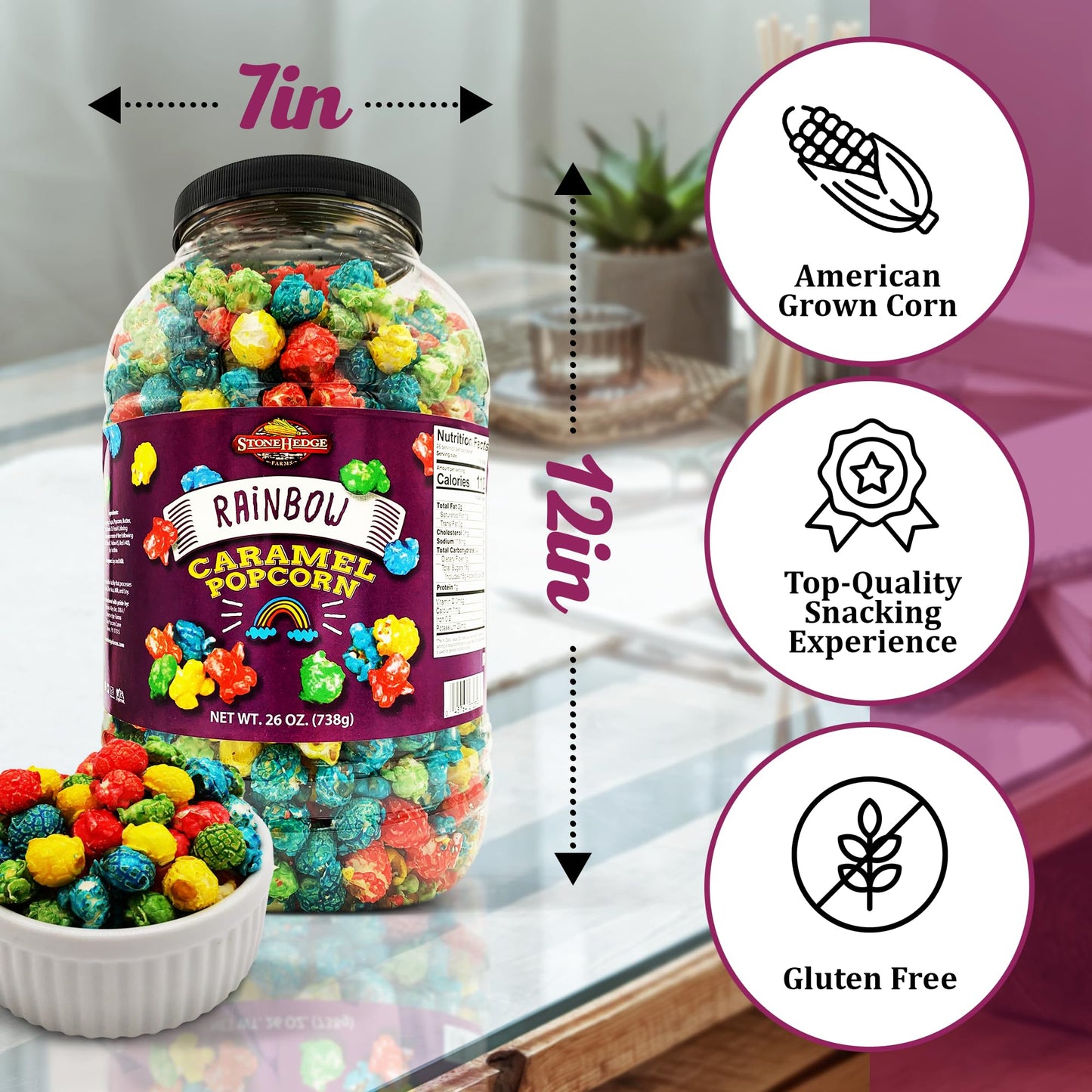 Stonehedge Farms Flavored Rainbow Caramel Popcorn | 26 oz (Pack of 2) | Bulk Popped Carmel Corn | Made in USA
