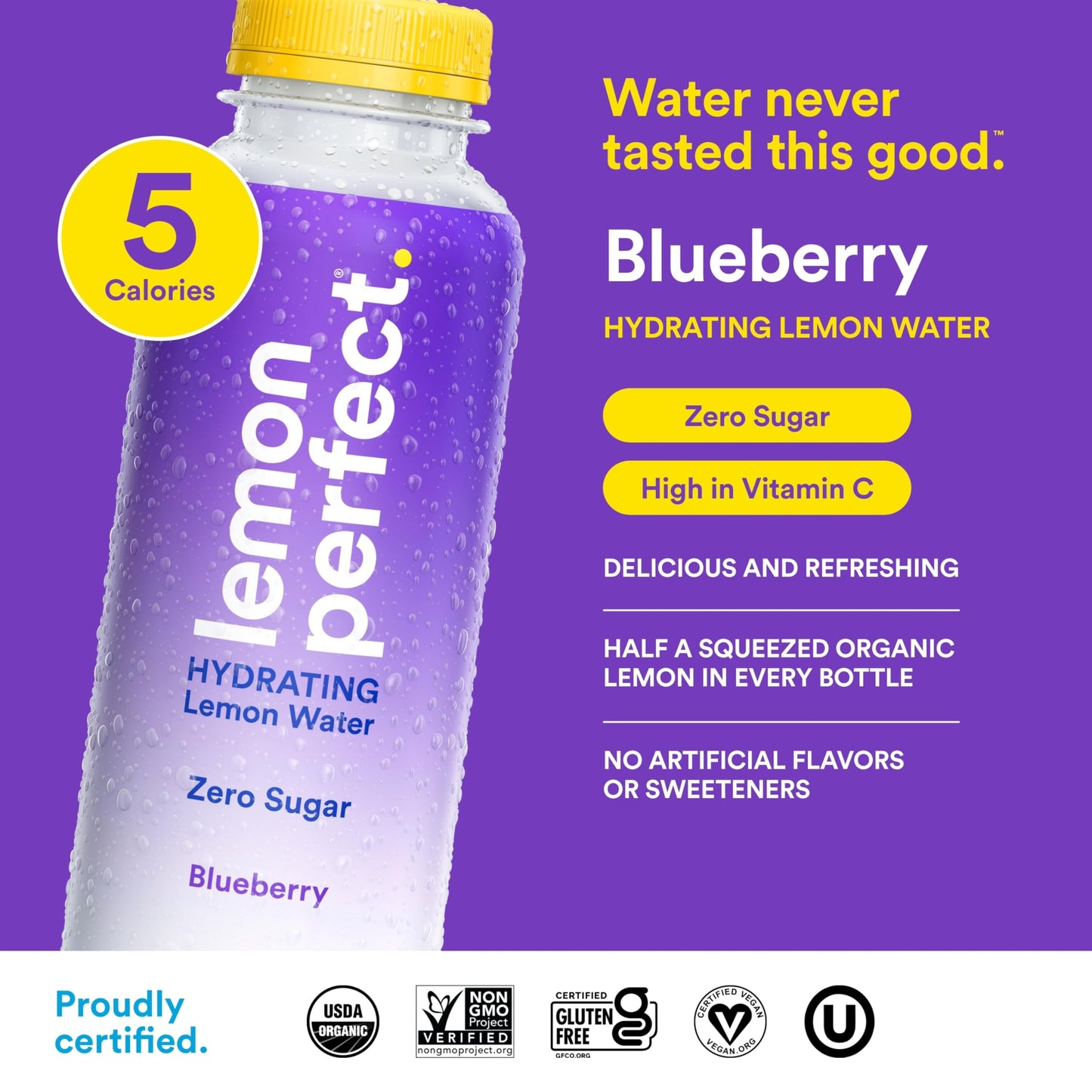 Lemon Perfect Blueberry, Hydrating Flavored Lemon Water, Zero Sugar, Delicious and Refreshing, Organic, 15.2 fl oz Bottles (12-P