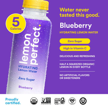 Lemon Perfect Blueberry, Hydrating Flavored Lemon Water, Zero Sugar, Delicious and Refreshing, Organic, 15.2 fl oz Bottles (12-P
