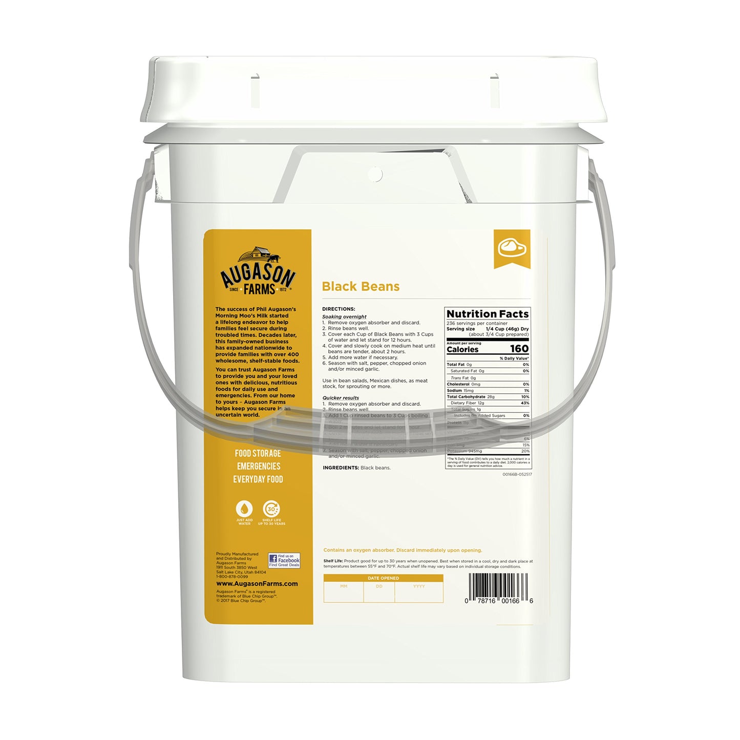 Augason Farms Dried Black Beans 4-Gallon Pail, Bulk Food Storage, Emergency Food Supply, Everyday Meals, 237 Servings