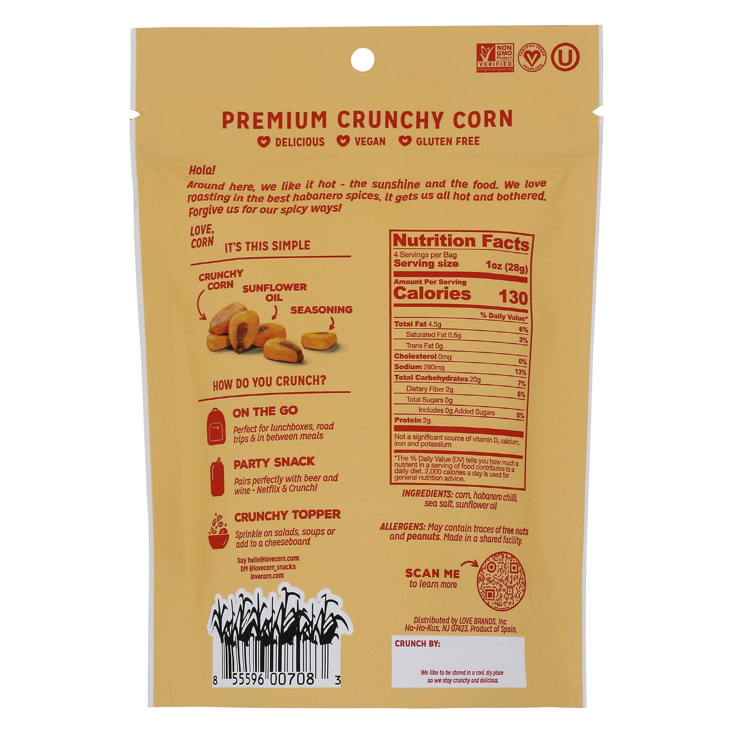 LOVE CORN Habanero Chilli Crunchy Corn Snack, 4 OZ