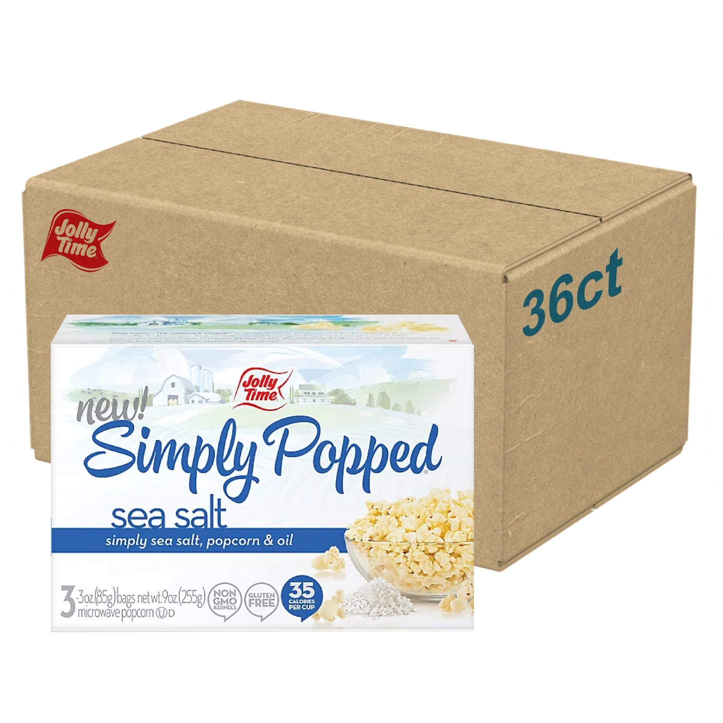 Jolly Time Simply Popped, Vegan, Dairy Free Microwave Popcorn, 3Oz Sharing Bag, 3 Bags Per Carton (Simply Popped Sea Salt, 3 Oun