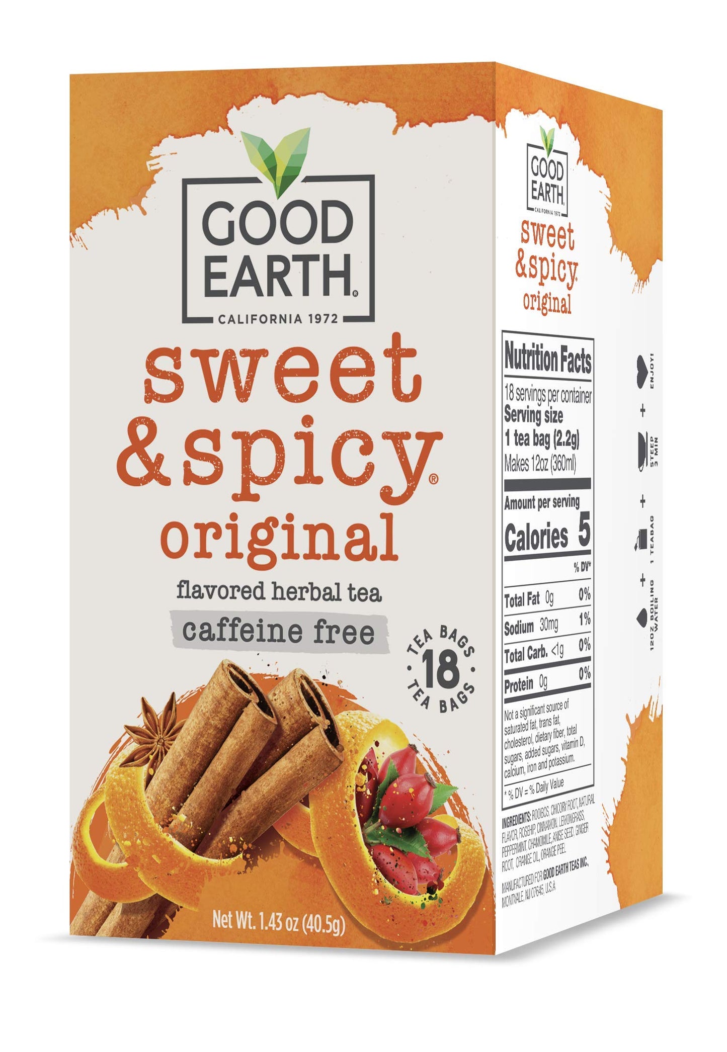 Good Earth Tea Co. Herbal Tea, Sweet & Spicy, Caffeine Free, 18 Count (Pack of 6), Black