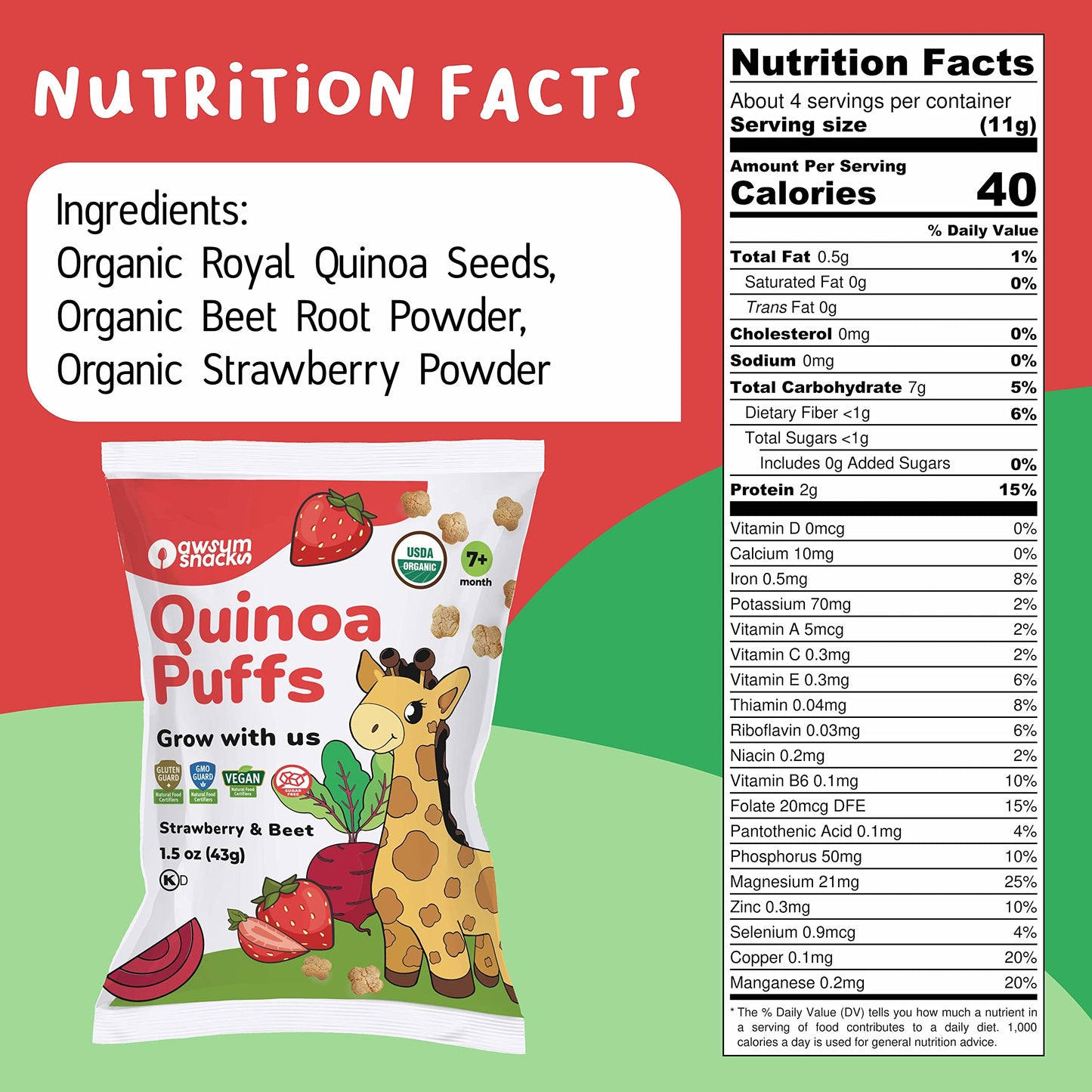 Awsum Snacks Organic Quinoa Puffs For Kids - Happy Healthy Food - Vegan Kosher Gluten Free - Non-Allergy - No Added Sugar - 24 B