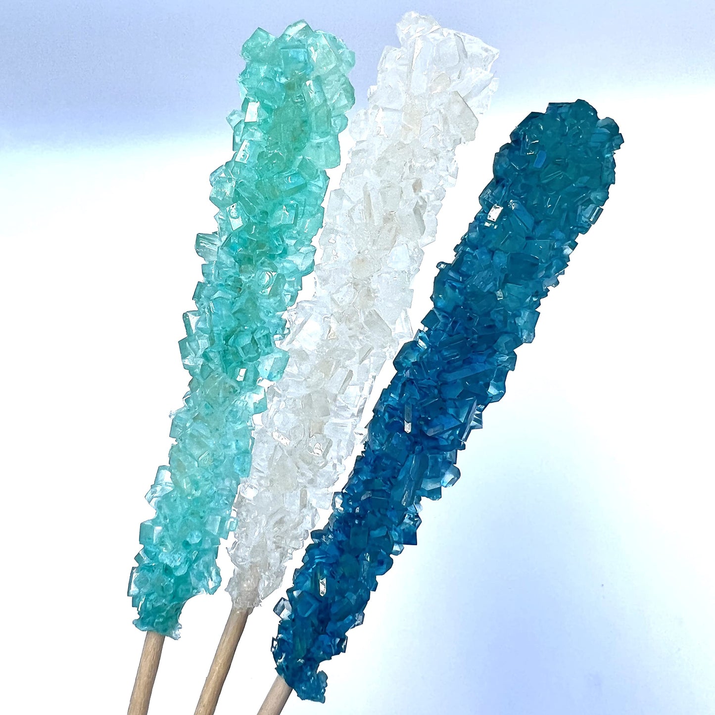 SweetGlob Classic Rock Candy Sticks, Sugar Crystal Lollipops, 18 Count, Frozen Ice Blue & White, Individually Wrapped