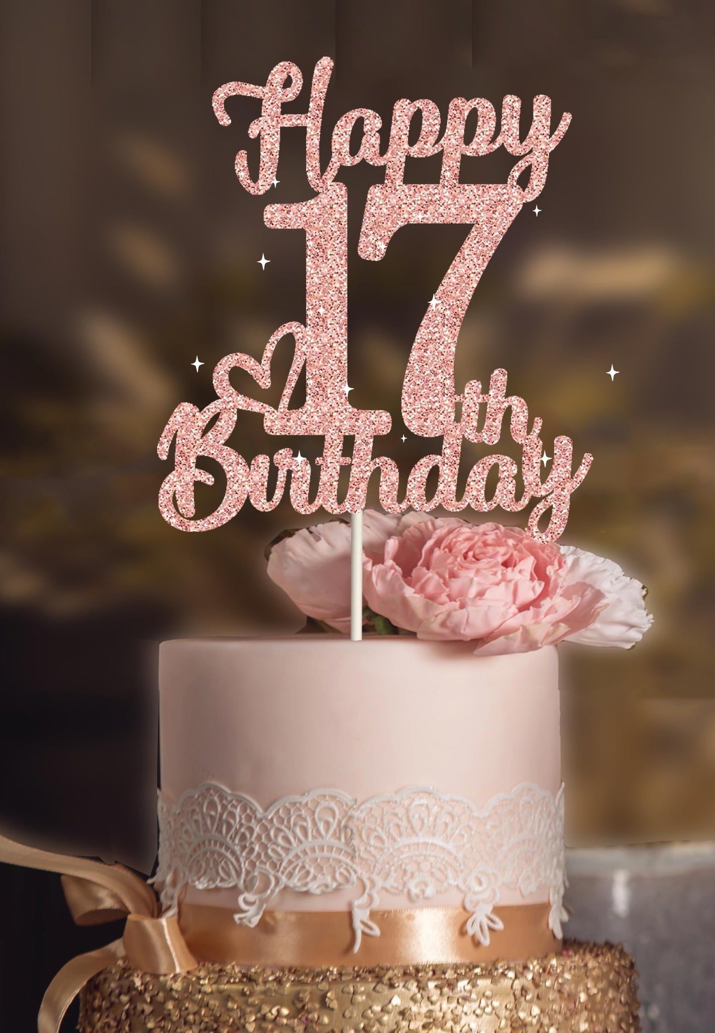 veegood 17th Birthday Cake Topper - Rose Gold Glitter Cardstock Decoration for Men & Women