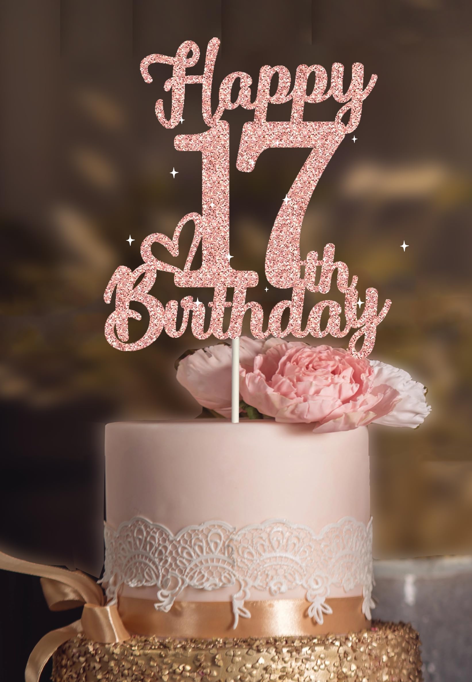 veegood 17th Birthday Cake Topper - Rose Gold Glitter Cardstock Decoration for Men & Women
