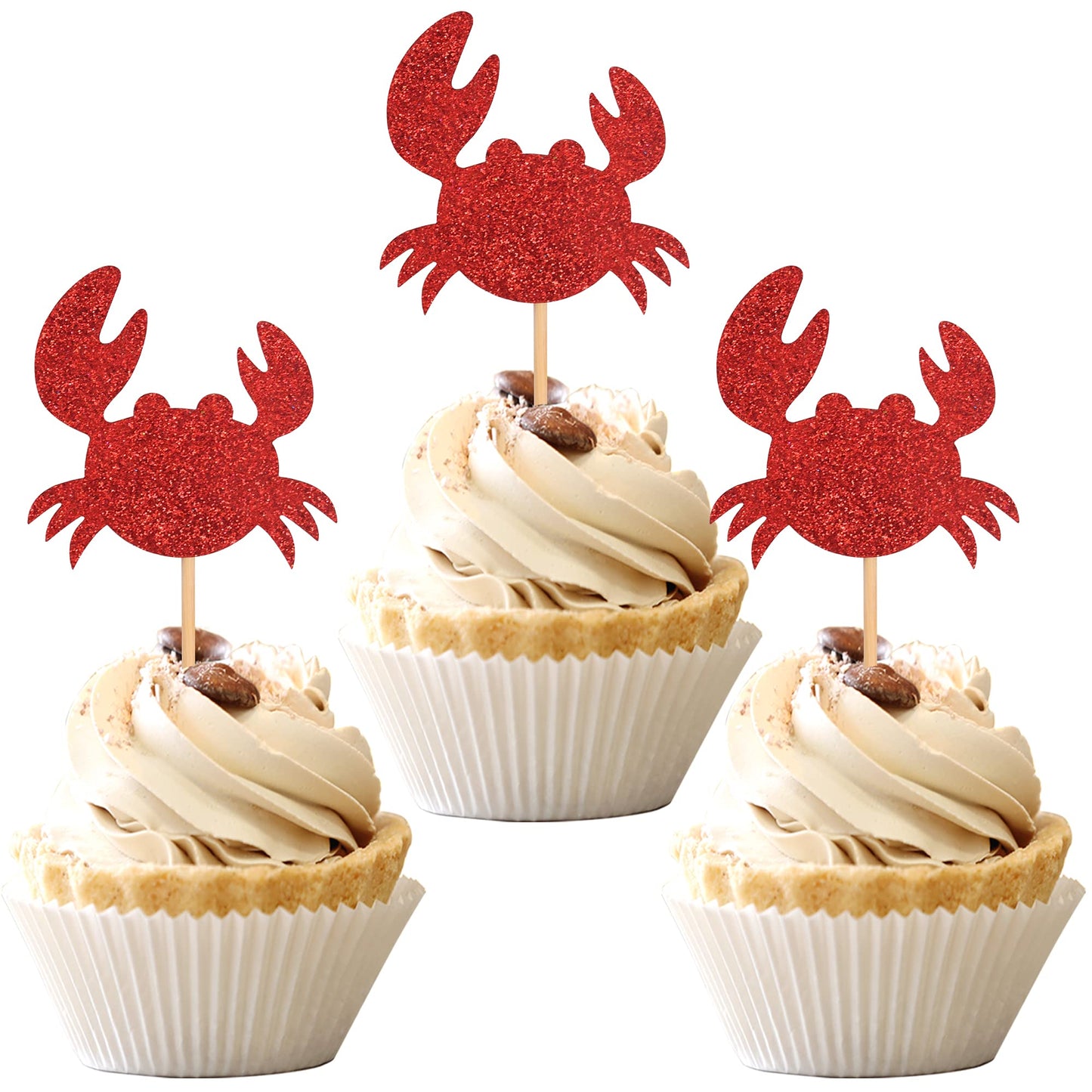 24 Pcs Crab Cupcake Toppers Red Glitter Ocean Crab Cupcake Picks Seafood Ocean Animal Theme Baby Shower Kids Birthday Party Cake