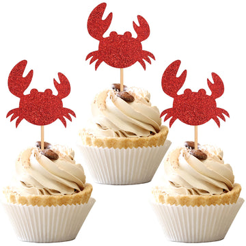 24 Pcs Crab Cupcake Toppers Red Glitter Ocean Crab Cupcake Picks Seafood Ocean Animal Theme Baby Shower Kids Birthday Party Cake