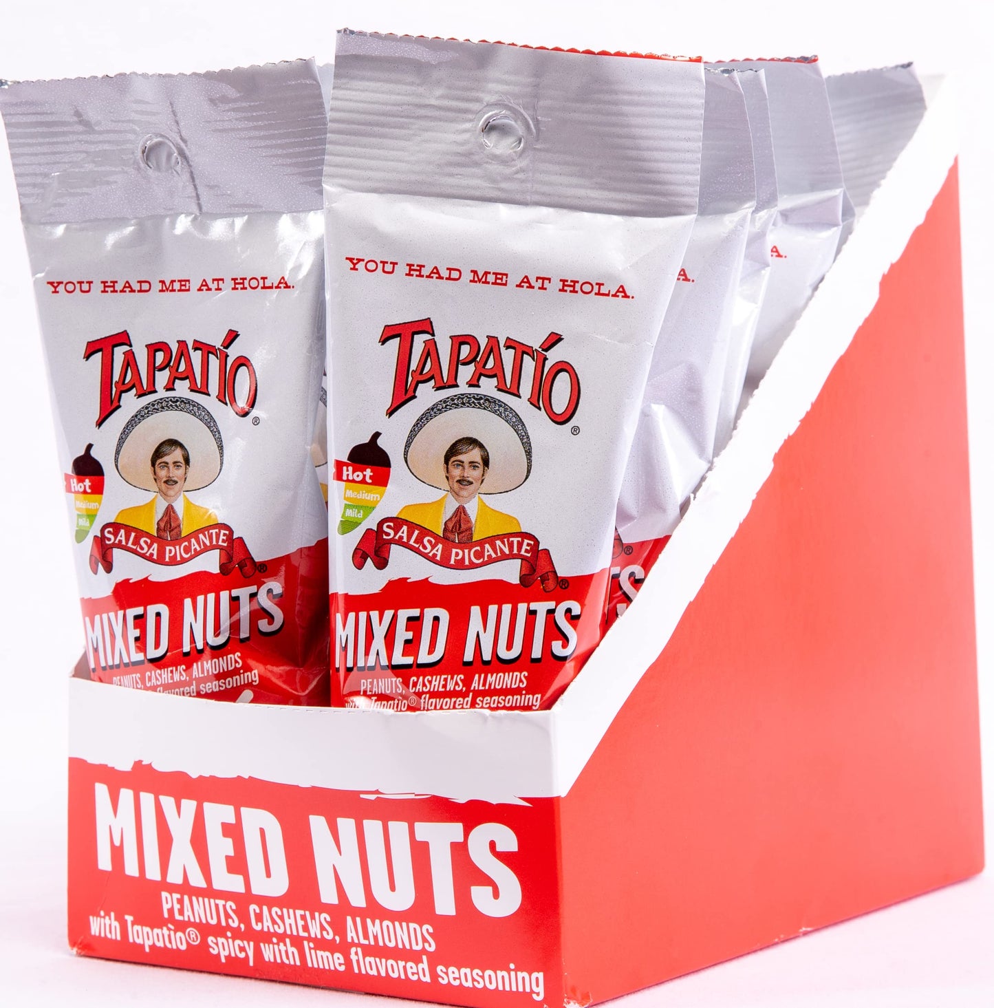 Straight Up Nuts Tapatio Spicy Mixed Nuts, Peanuts, Cashews, Almonds, 2.5 Oz Bags, Pack of 12
