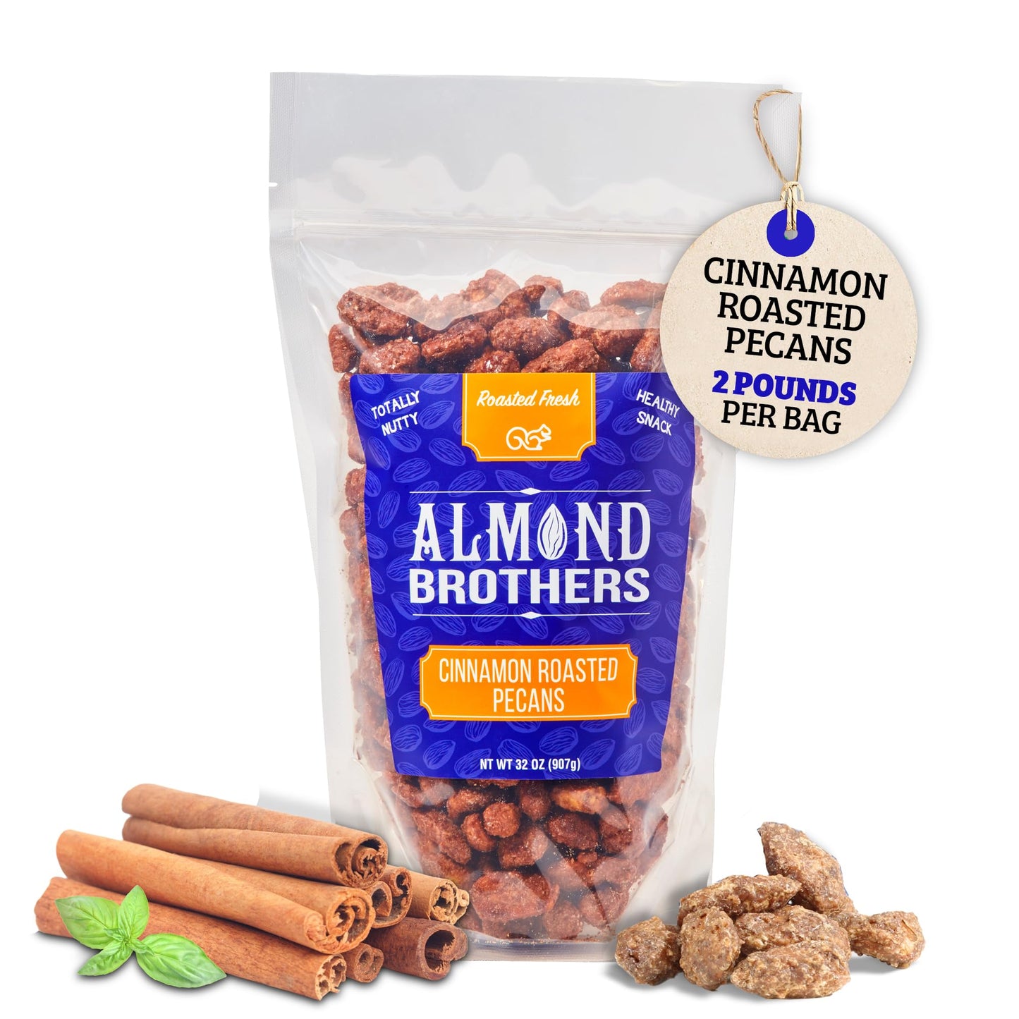 Almond Brothers Cinnamon Roasted Pecans - Gluten-Free, Non-GMO, Candied Pecans, Gourmet Pecan Snack - 2 lb Bag
