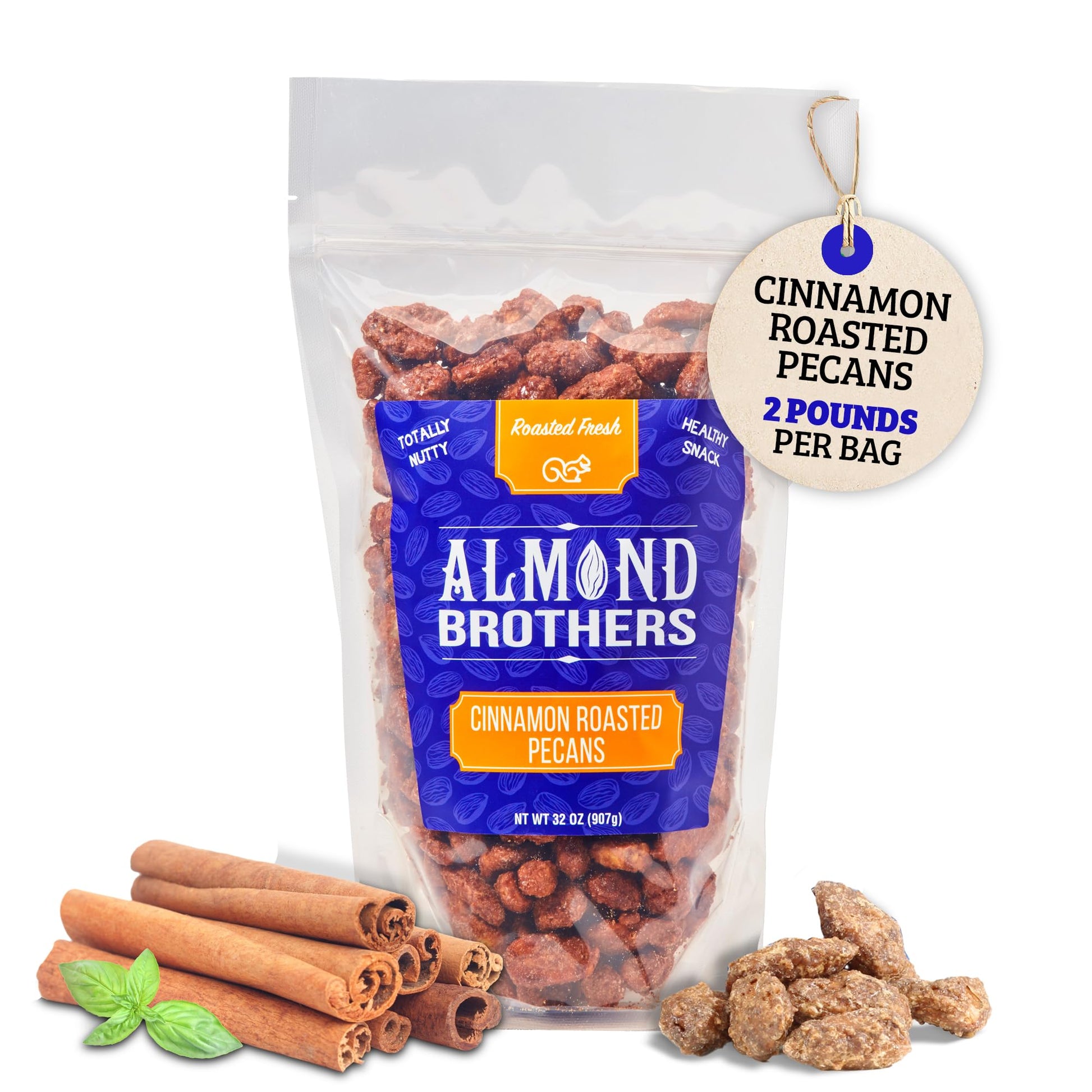 Almond Brothers Cinnamon Roasted Pecans - Gluten-Free, Non-GMO, Candied Pecans, Gourmet Pecan Snack - 2 lb Bag