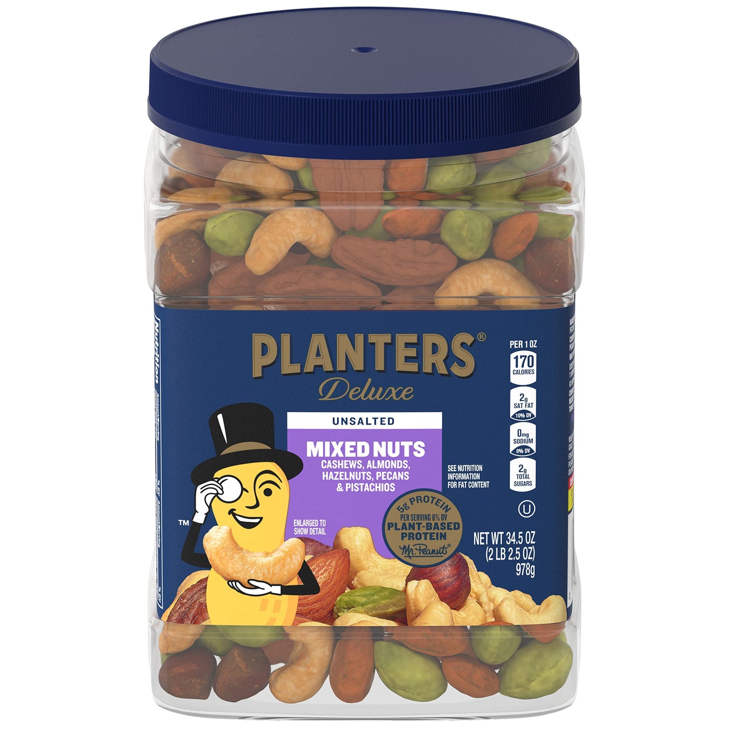 Planters Unsalted Mixed Nuts, Cashews, Almonds, Pecans, 34.5 Oz Container, Plant-Based Protein, Kosher Snack