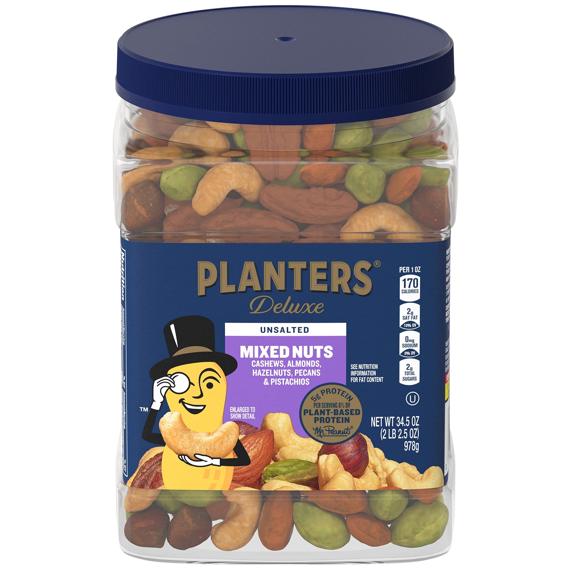 Planters Unsalted Mixed Nuts, Cashews, Almonds, Pecans, 34.5 Oz Container, Plant-Based Protein, Kosher Snack