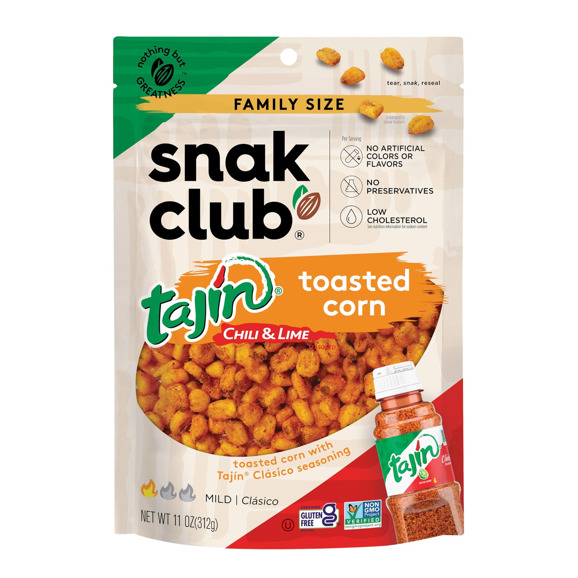 Snak Club Tajin Toasted Corn, Roasted Corn Nuggets With Chili And Lime Seasoning, Mild, Non-Gmo, Gluten-Free, Kosher Snack, No A