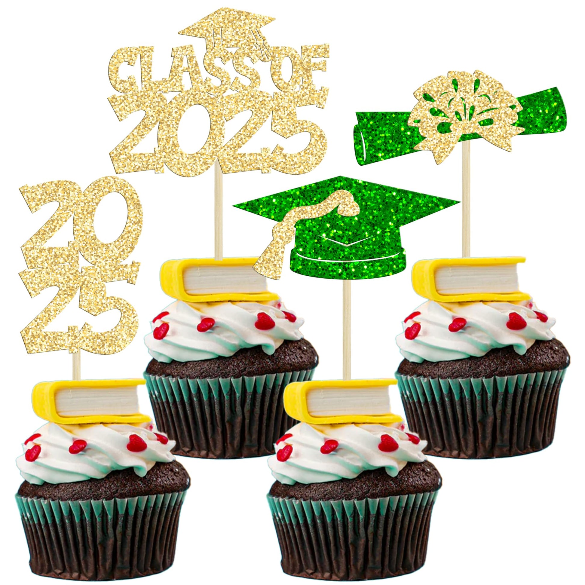 Ephlyn Graduation Cupcake Toppers 36Pcs Glitter Class of 2025 Gold Green Decorations