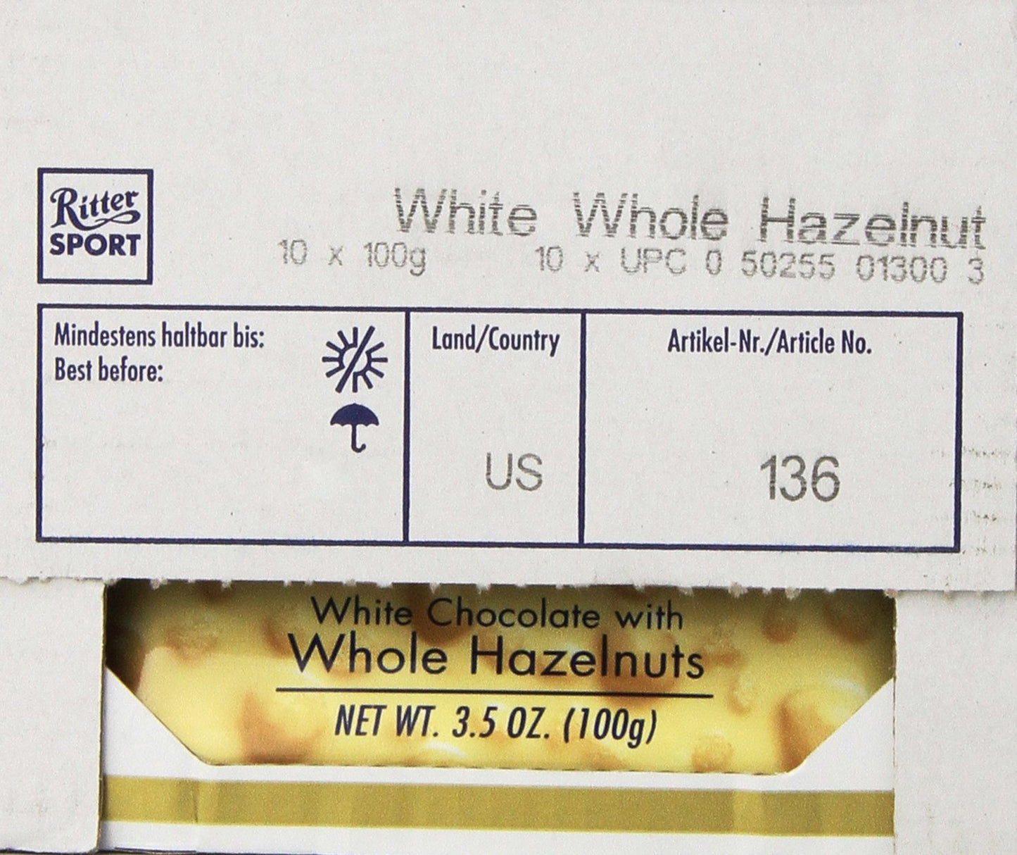 Ritter Sport White Chocolate With Whole Hazelnuts, 3.5 Ounce (Pack Of 10)