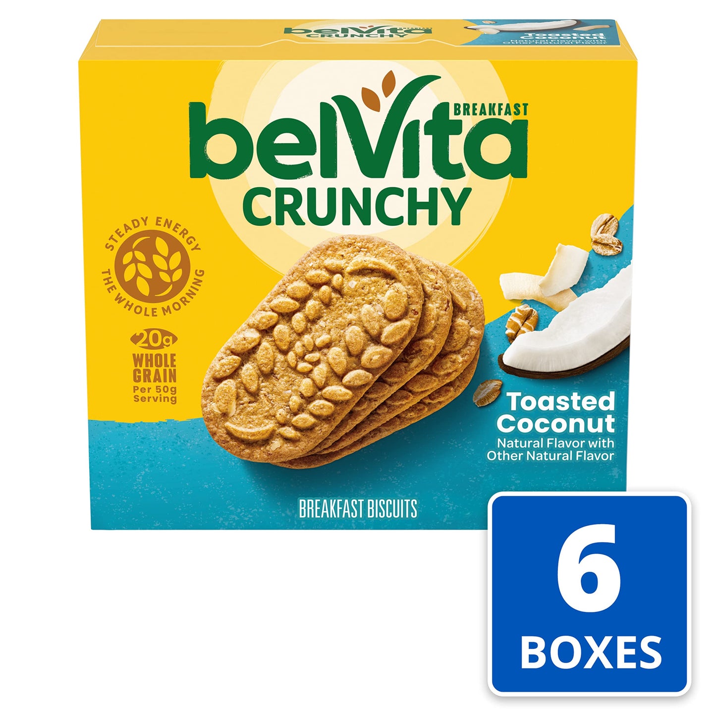 Belvita Toasted Coconut Breakfast Biscuits, 30 Total Packs, 6 Boxes (4 Biscuits Per Pack)