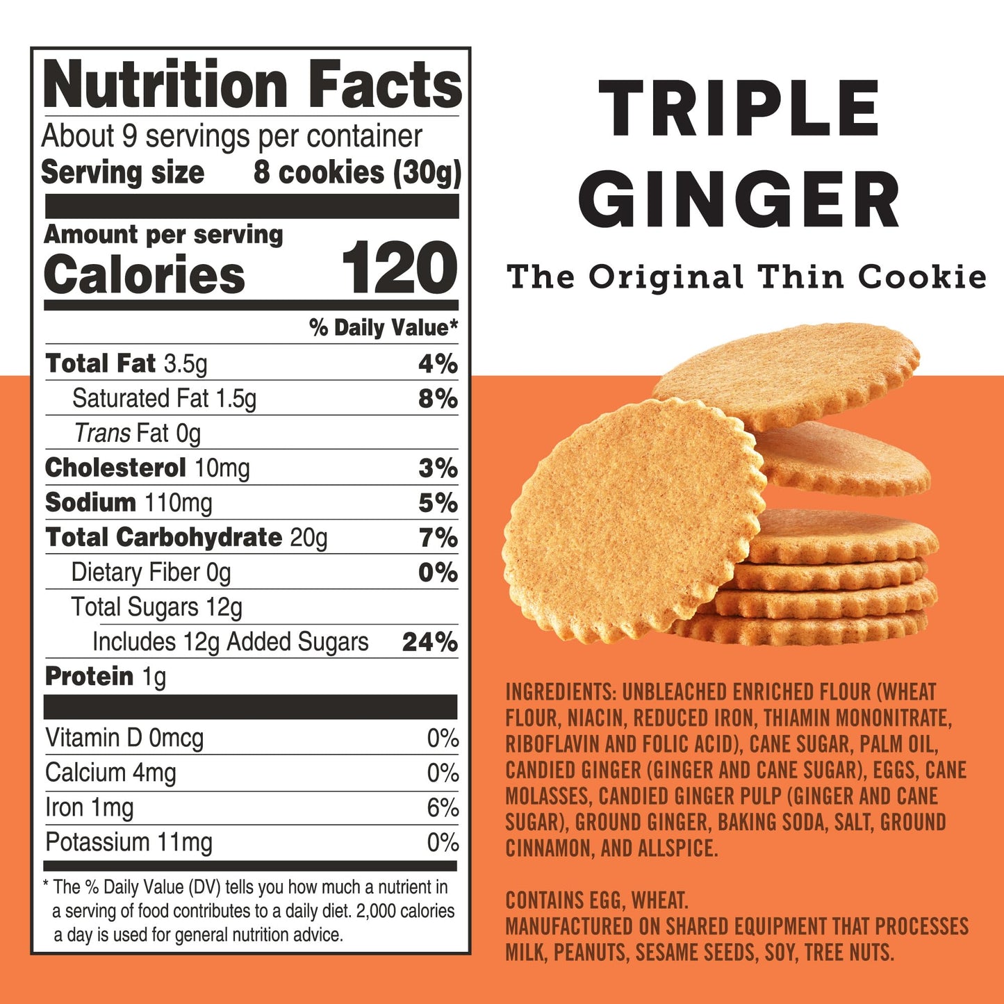 Deweys Bakery Triple Ginger Moravian Style Cookie Thins, Bakery Fresh with Real Simple Ingredients, Low Calorie Snack, No Artifi