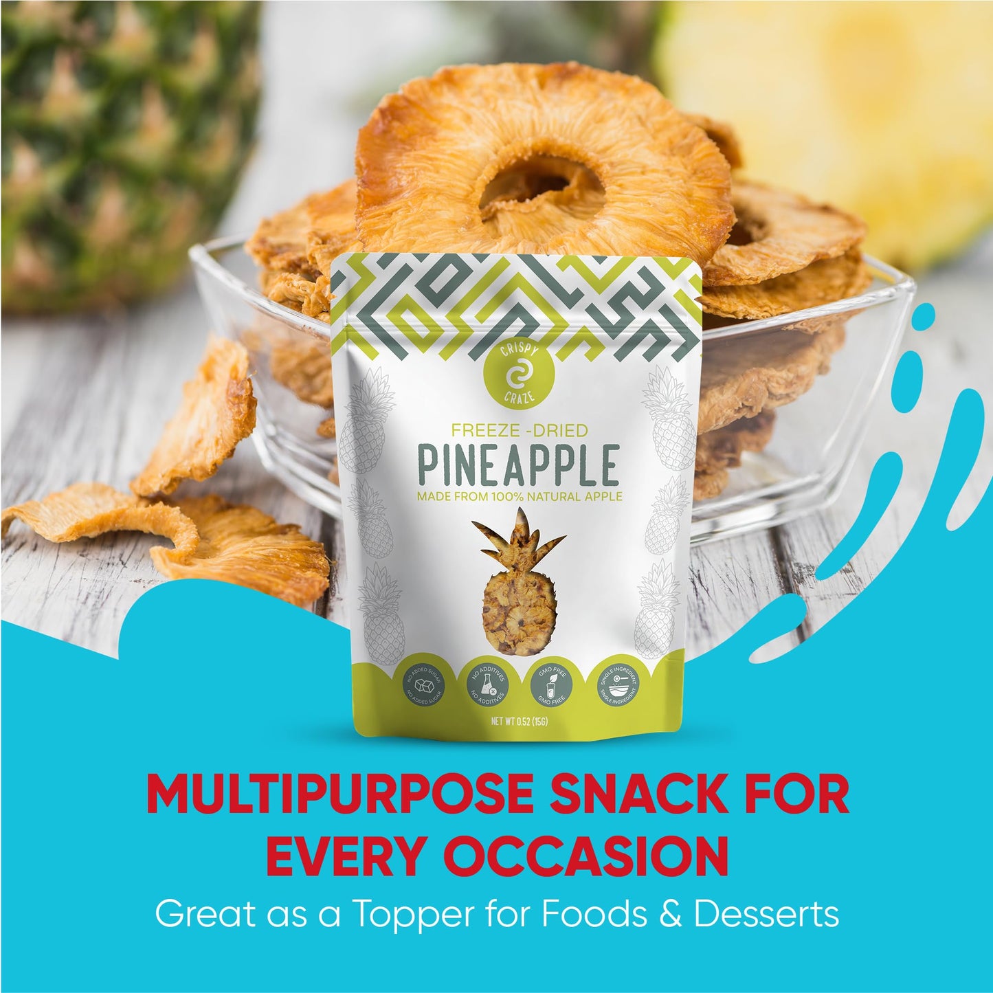 Crispy Craze Freeze Dried Pineapple (24 Snack Sized Bags, 0.52 Oz Each), Pineapple Fruit Crisps, Non Gmo, Healthy Snack, No Adde