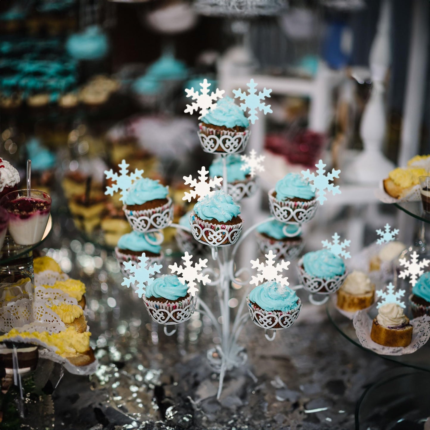 50Pcs White And Blue Edible Snowflake Cupcake Toppers Snowflakes Cake Topper Decorations For Christmas Winter Holiday Frozen The