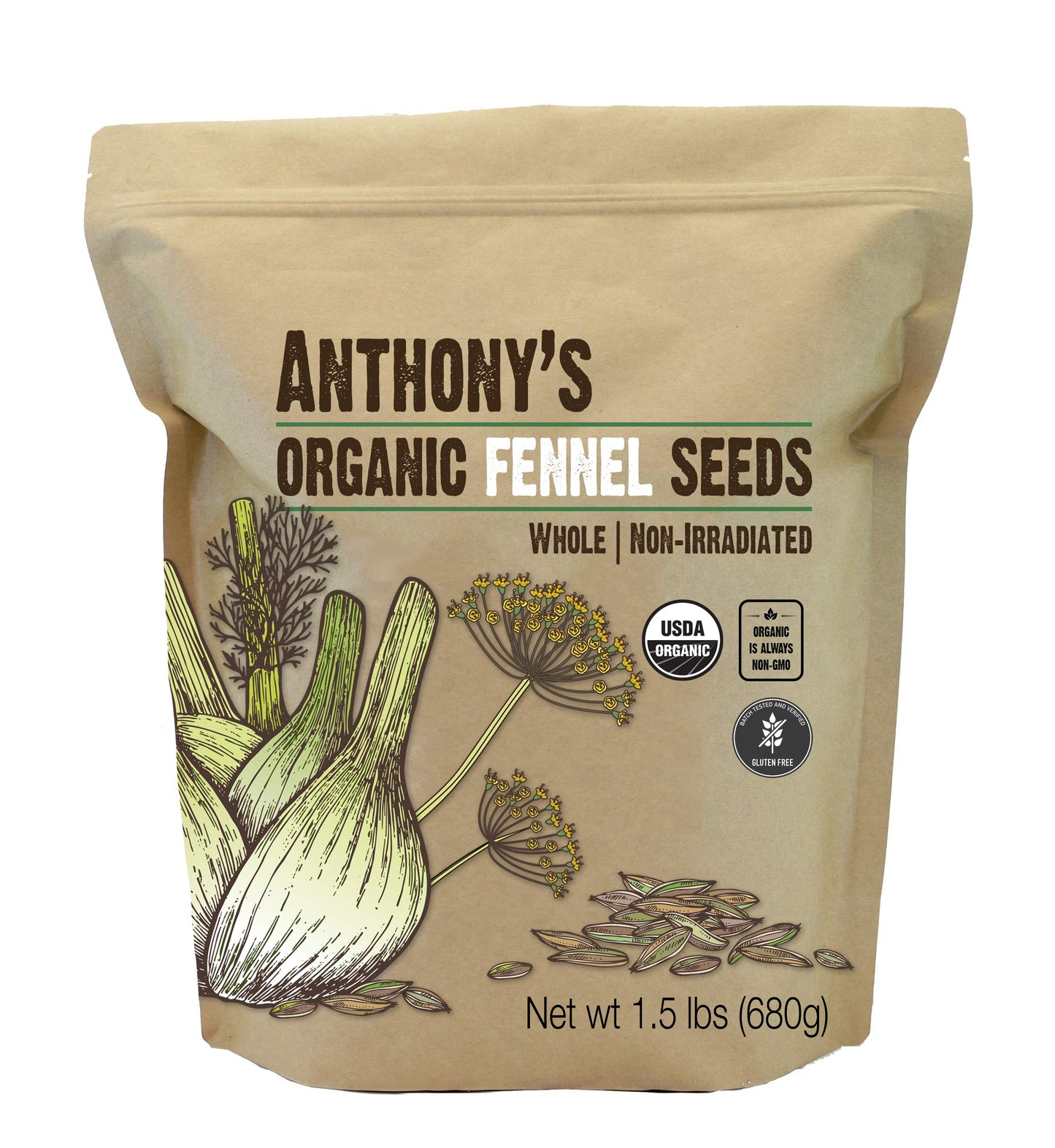 Anthonys Organic Fennel Seeds, Whole Non-Irradiated, Gluten-Free, Non-GMO, 1.5 lb
