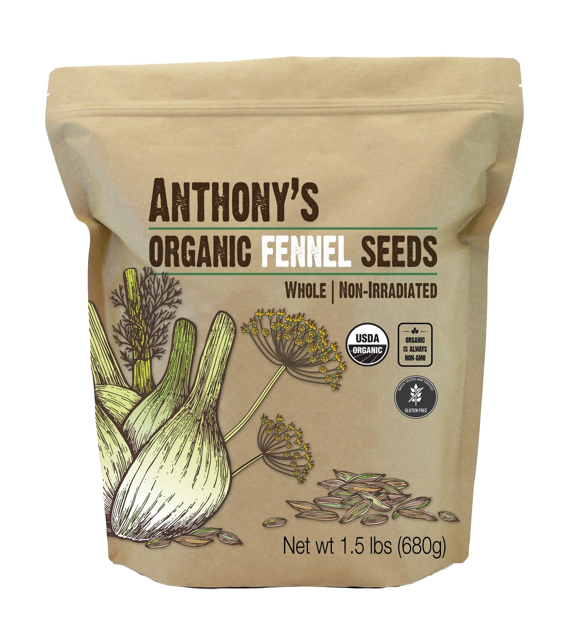 Anthonys Organic Fennel Seeds, Whole Non-Irradiated, Gluten-Free, Non-GMO, 1.5 lb