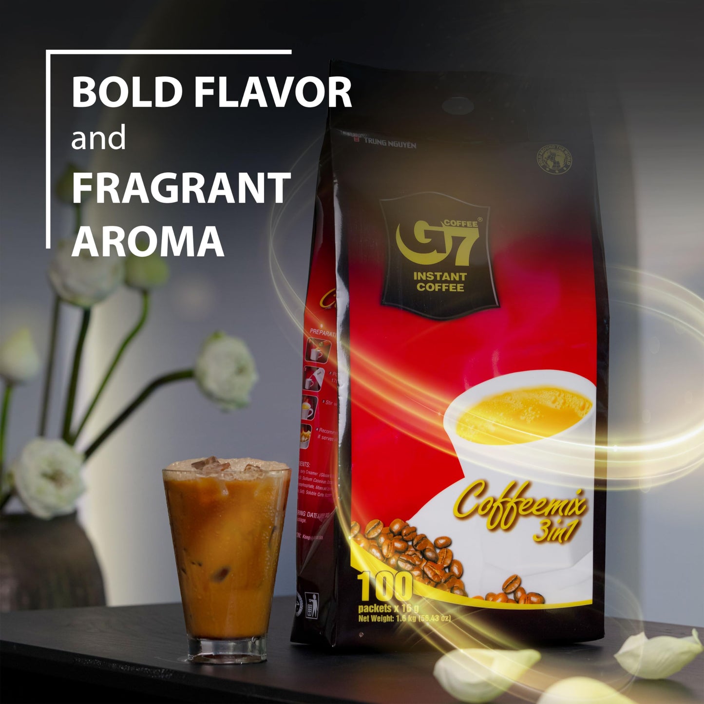 Trung Nguyen G7 Instant Coffee - 3-In-1 With Nano+ Technology, Roasted Ground Blend, Non-Dairy Creamer & Sugar (100 Sticks)