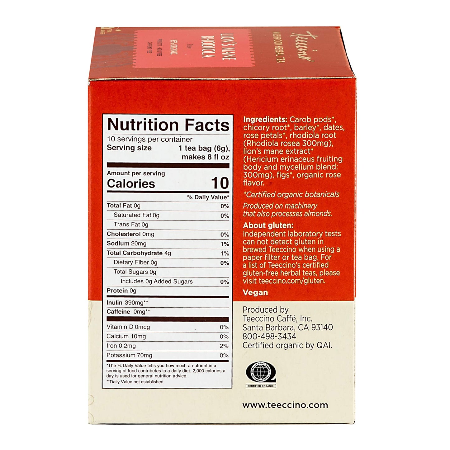 Teeccino Herbal Tea - Caffeine-Free Mushroom Adaptogenic - Lion’s Mane & Rhodiola - 10 Tea Bags - Lightly Sweetened with Dates & Figs