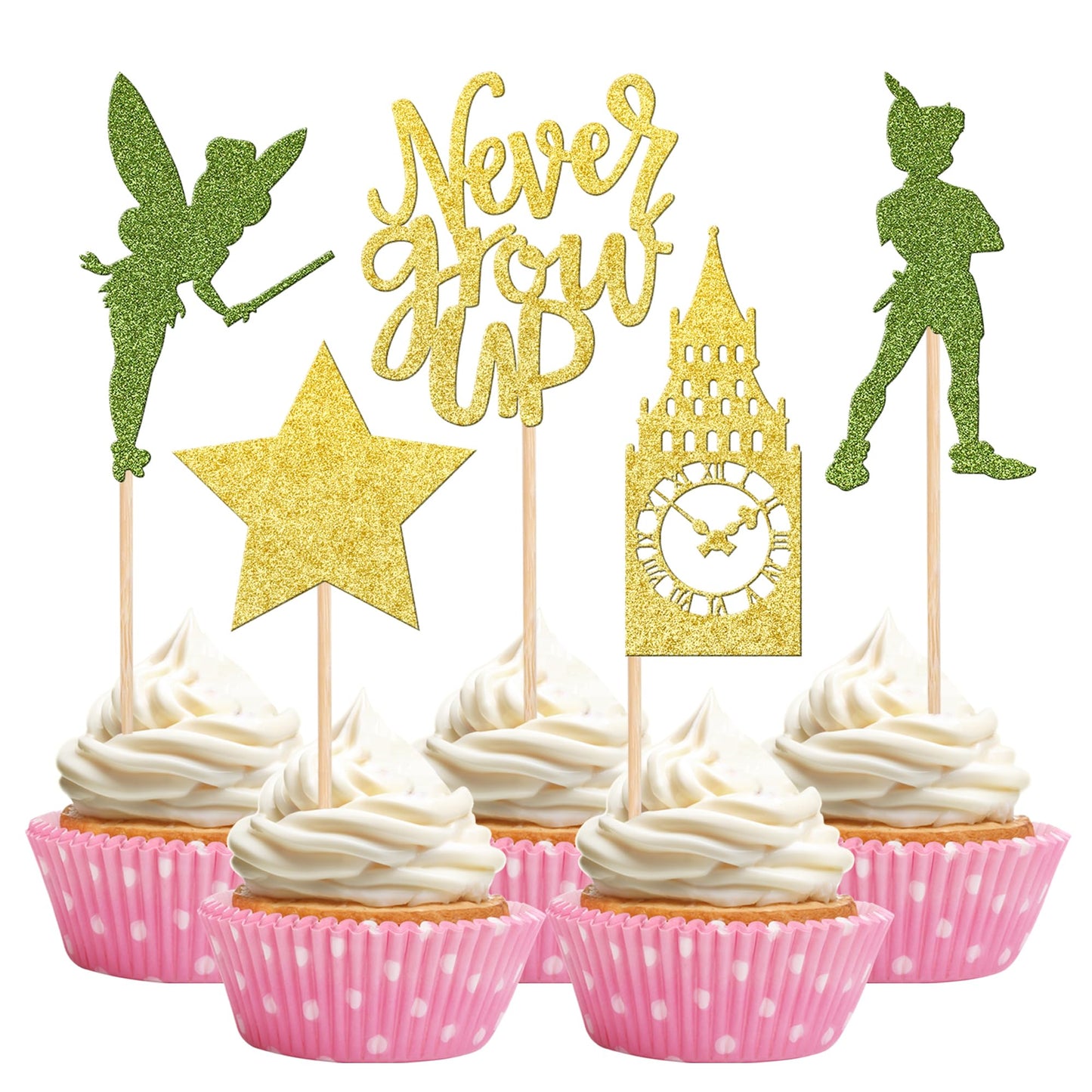 30 Pcs Never Grow Up Cupcake Toppers Glitter Neverland Peter Pan Clock Tower Cupcake Picks Star Night Fair Tales Cake Decoration