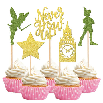 30 Pcs Never Grow Up Cupcake Toppers Glitter Neverland Peter Pan Clock Tower Cupcake Picks Star Night Fair Tales Cake Decoration