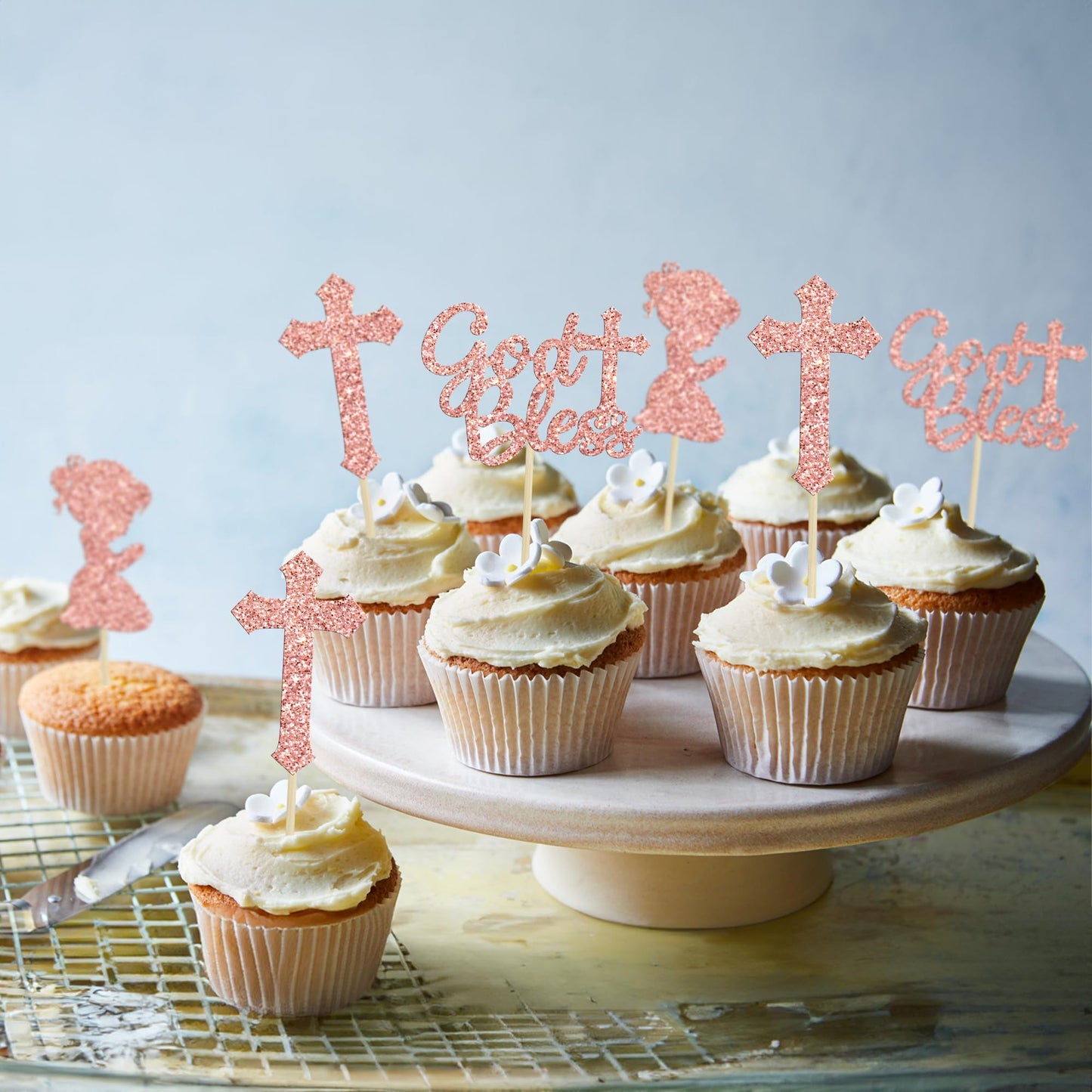Gyufise 24Pcs Rose Gold Glitter Girl God Bless And Baptism Cupcake Toppers Cross Babyshower Cupcake Picks First Communion Christ