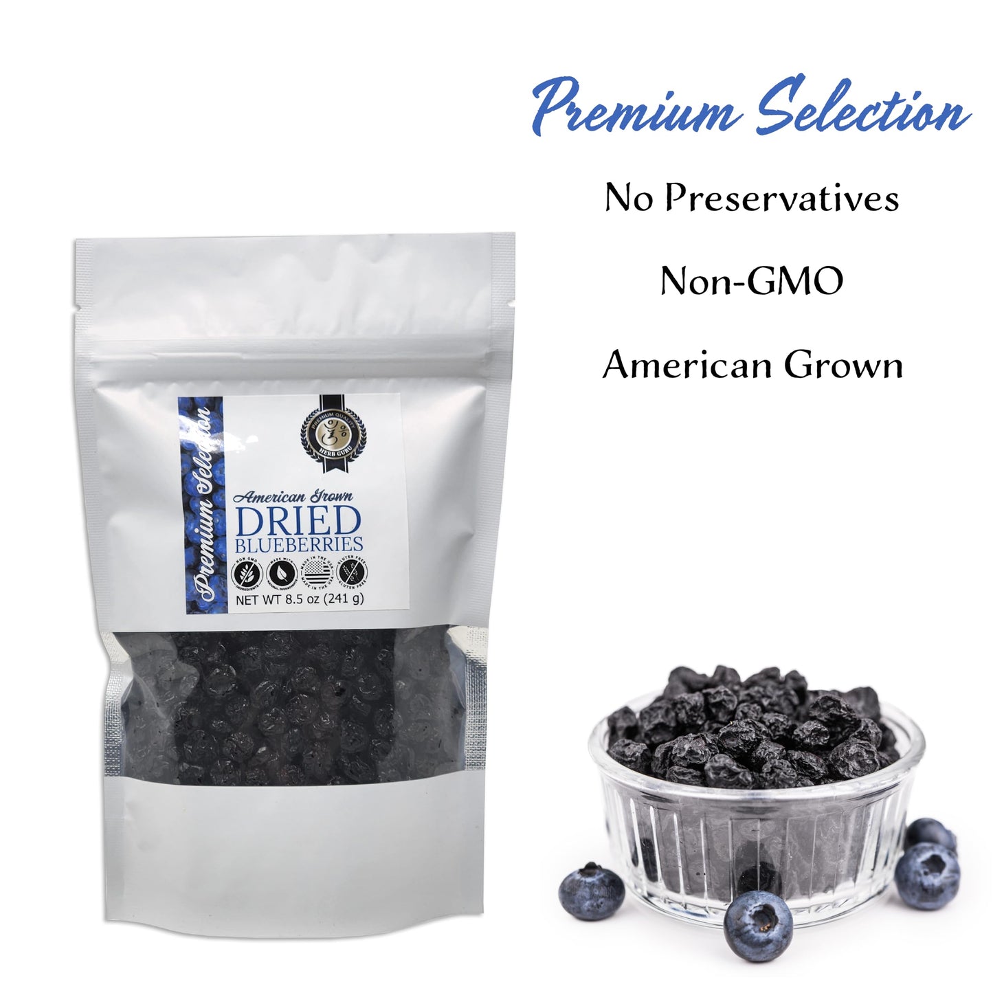 Herb Guru Whole Dried Blueberries | American Grown | All Natural, Non-Gmo, Preservative Free - 8.5Oz (8.5 Ounce (Pack Of 1))