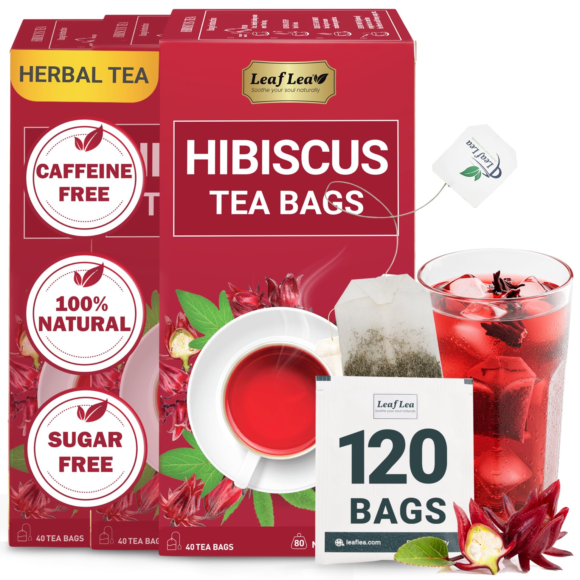LeafLea Hibiscus Tea Bags, 100% Natural, Caffeine-Free, Vegan, Non-GMO, 120 Bags (Pack of 3)