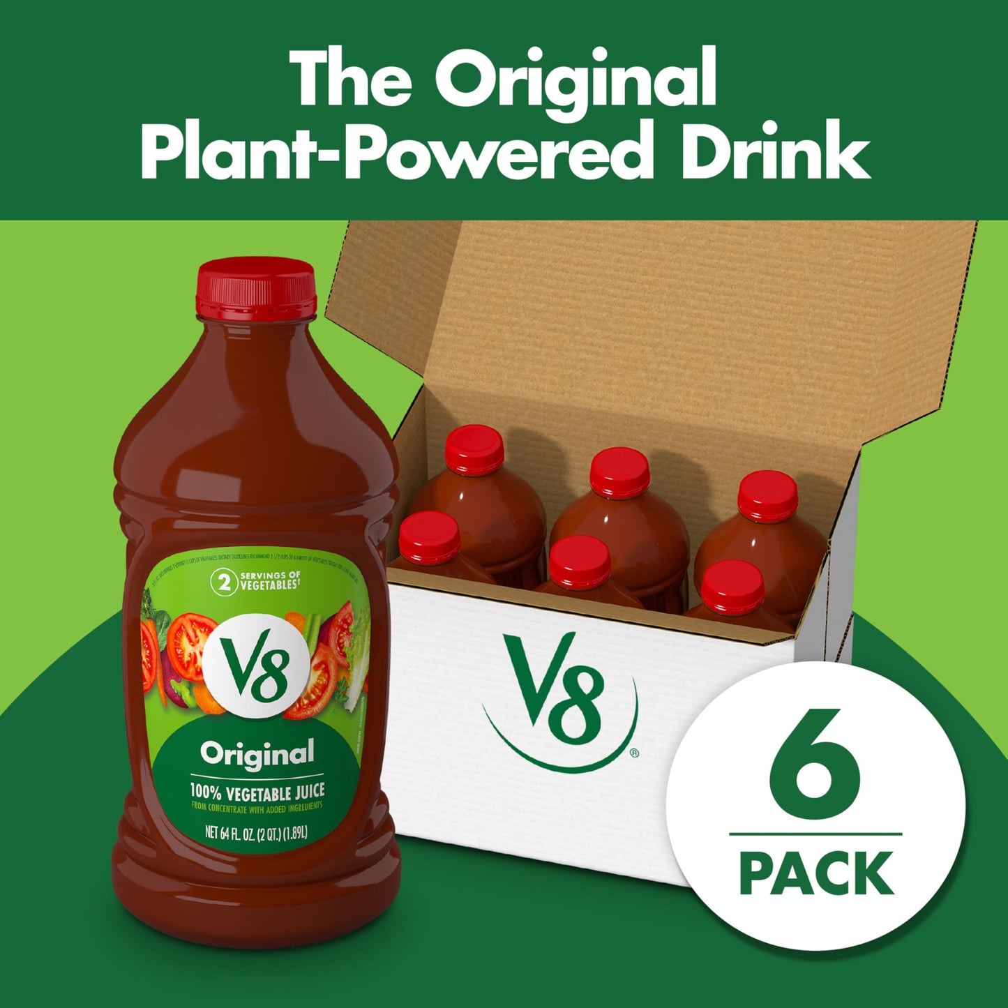 V8 Original 100% Vegetable Juice, Vegetable Blend with Tomato Juice, 64 Ounce Bottle (Pack of 6)