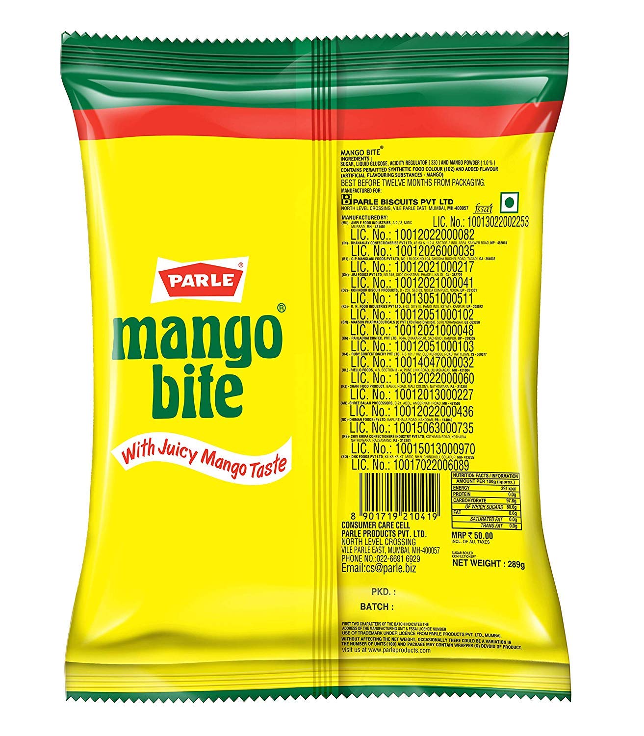 Parle Mango Bite Candy, 289G Pouch, Packaging May Vary
