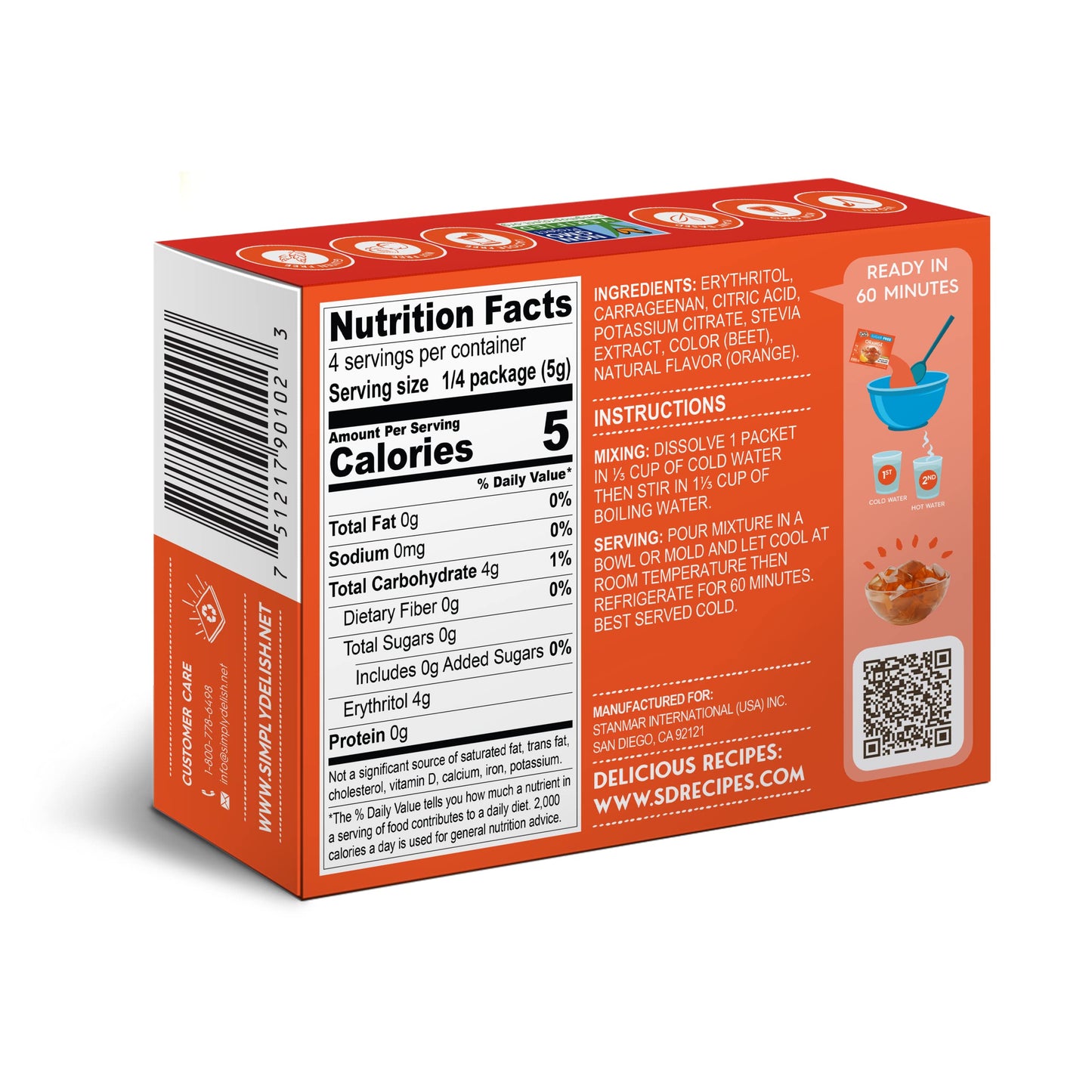 Simply Delish Plant Based Natural Orange Jel Dessert - 6 Pack - Zero Sugar, 0g Net Carbs, Gluten Free, Vegan, Diabetic & Allerge